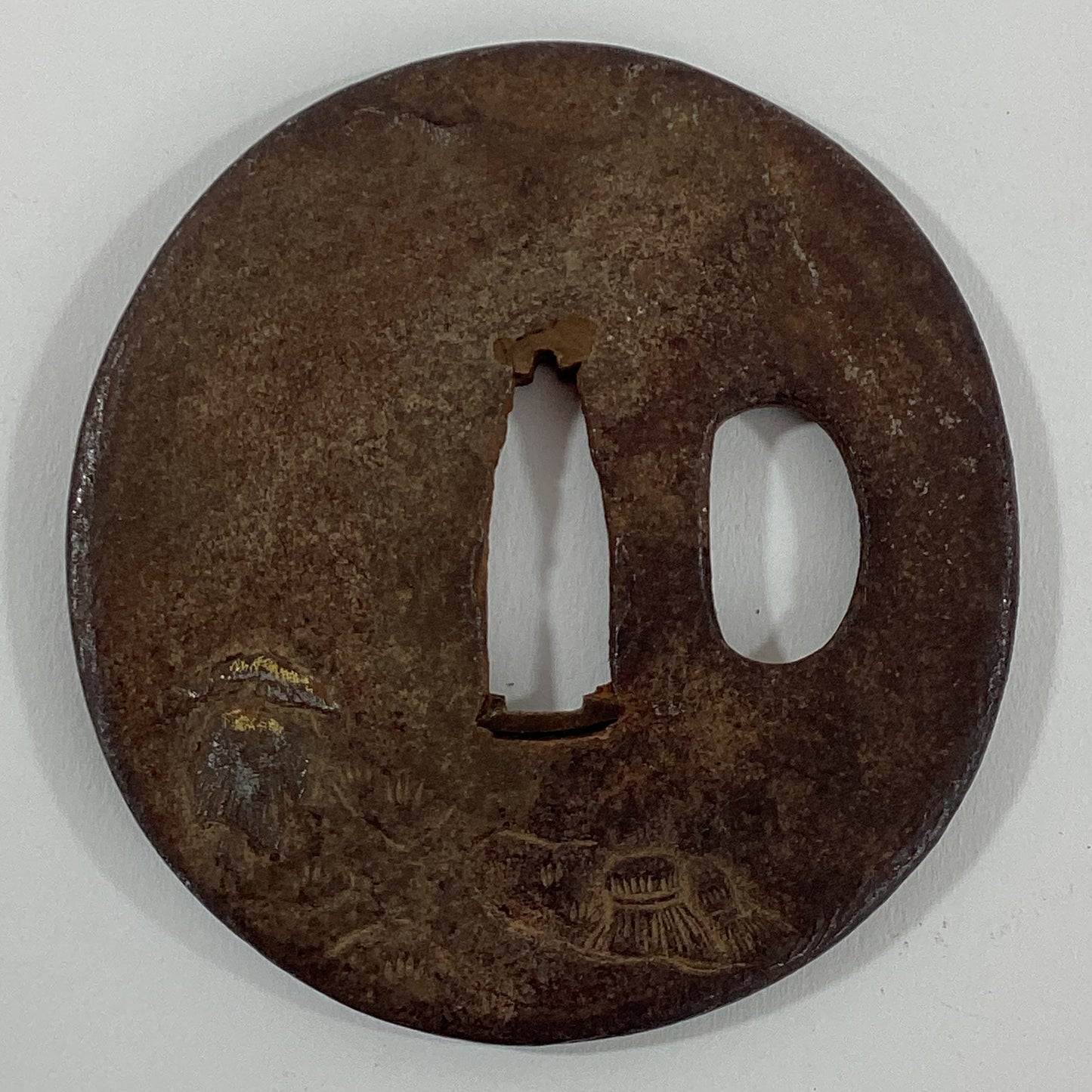 Antique Japanese Edo Period Iron Tsuba Landscape Scene & Gold Samurai Sword Guard