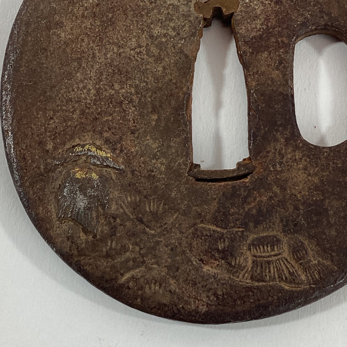 Antique Japanese Edo Period Iron Tsuba Landscape Scene & Gold Samurai Sword Guard