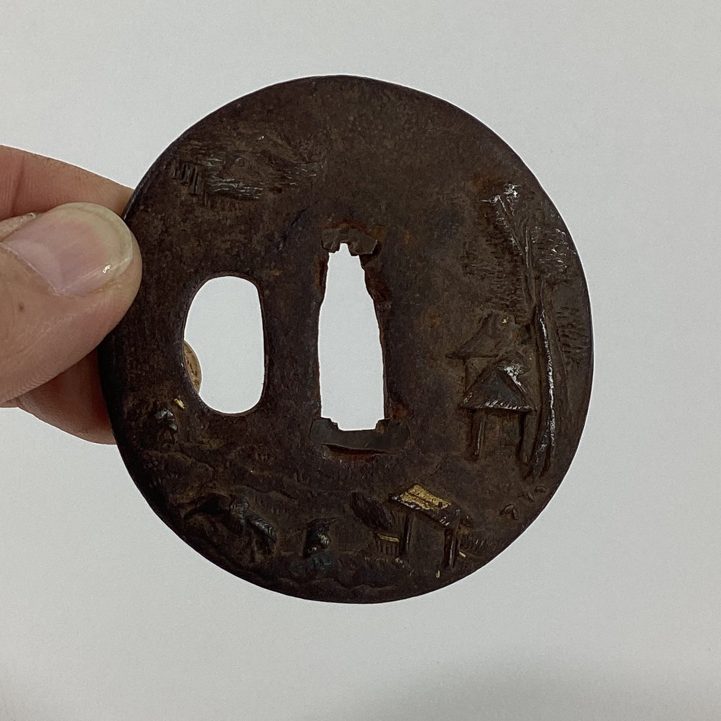 Antique Japanese Edo Period Iron Tsuba Landscape Scene & Gold Samurai Sword Guard