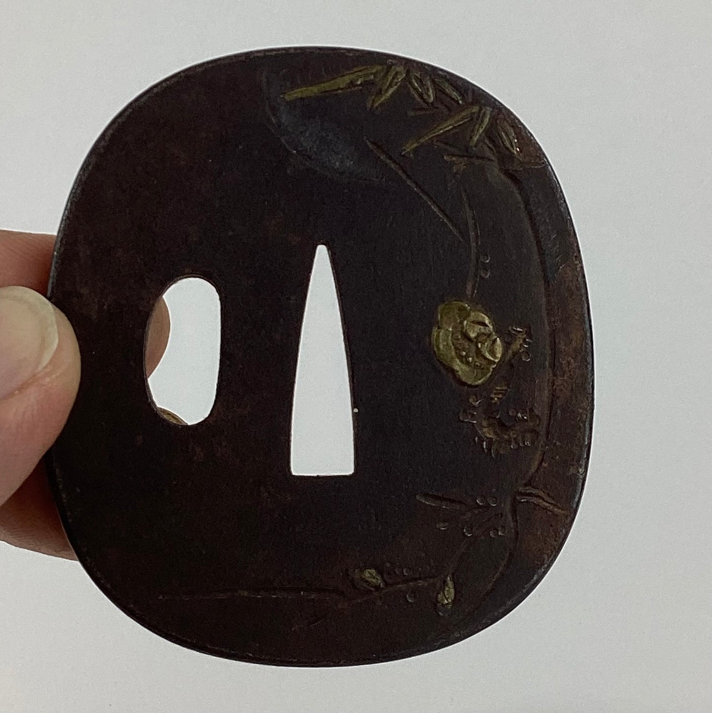 Antique Japanese Edo Period Iron Tsuba with Bamboo & Plum Blossom Samurai Sword Guard