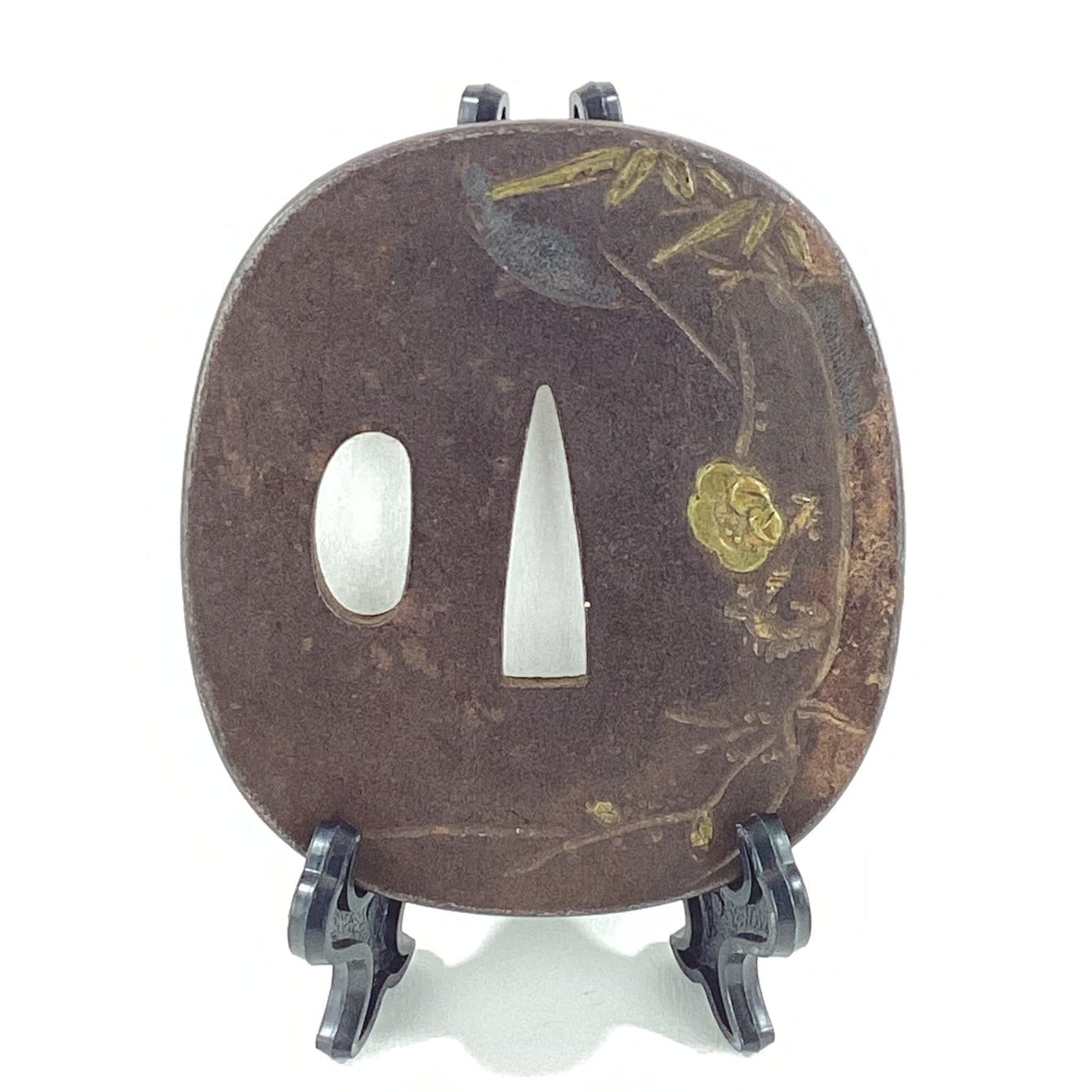 Antique Japanese Edo Period Iron Tsuba with Bamboo & Plum Blossom Samurai Sword Guard