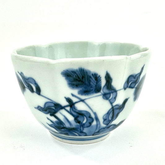 Japanese Edo Period c1850's Arita Blue & White Flower Teacup Hand Painted Hairline 3"W
