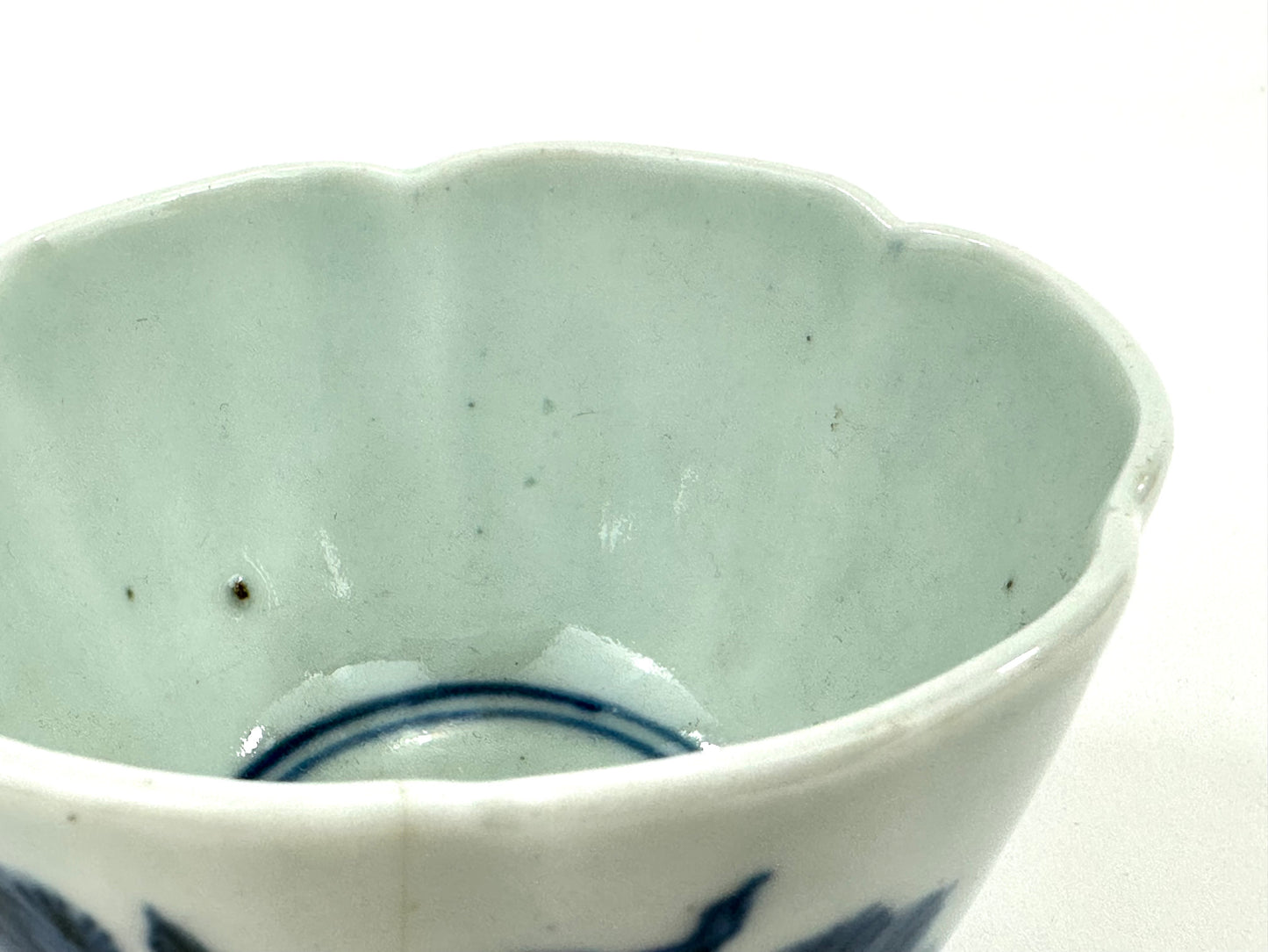 Japanese Edo Period c1850's Arita Blue & White Flower Teacup Hand Painted Hairline 3"W