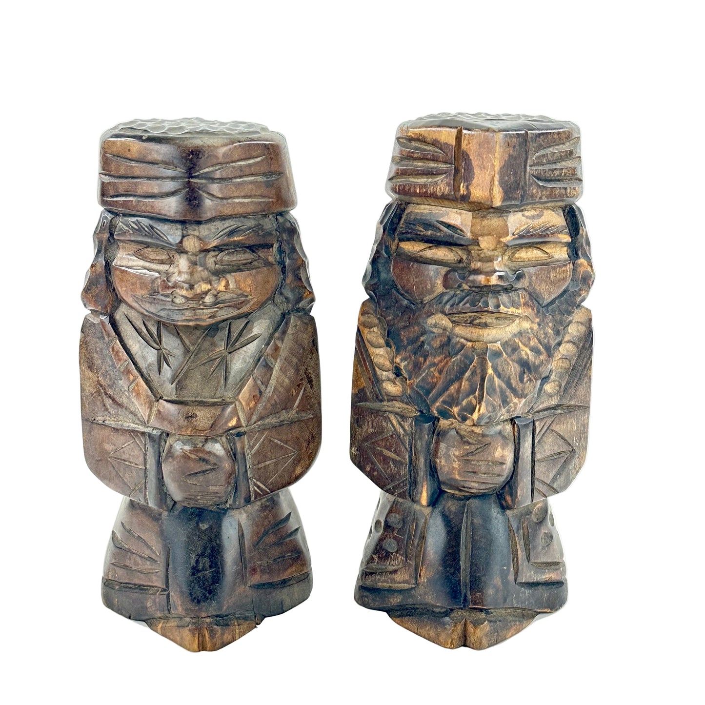 Vintage Japanese Ainu Nipopo Hand-Carved Wooden Figures Pair Folk Art Hokkaido 10"H