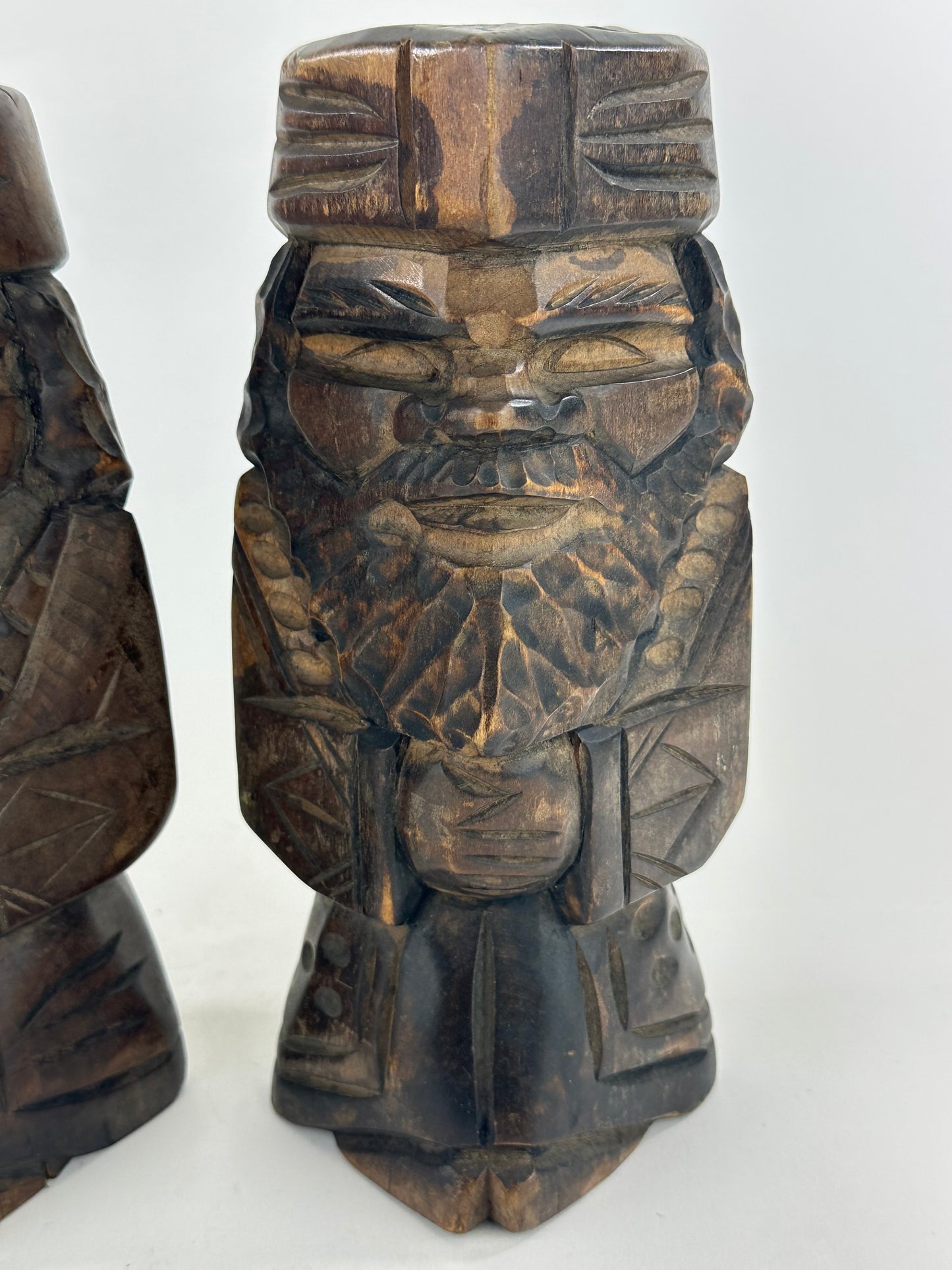 Vintage Japanese Ainu Nipopo Hand-Carved Wooden Figures Pair Folk Art Hokkaido 10"H