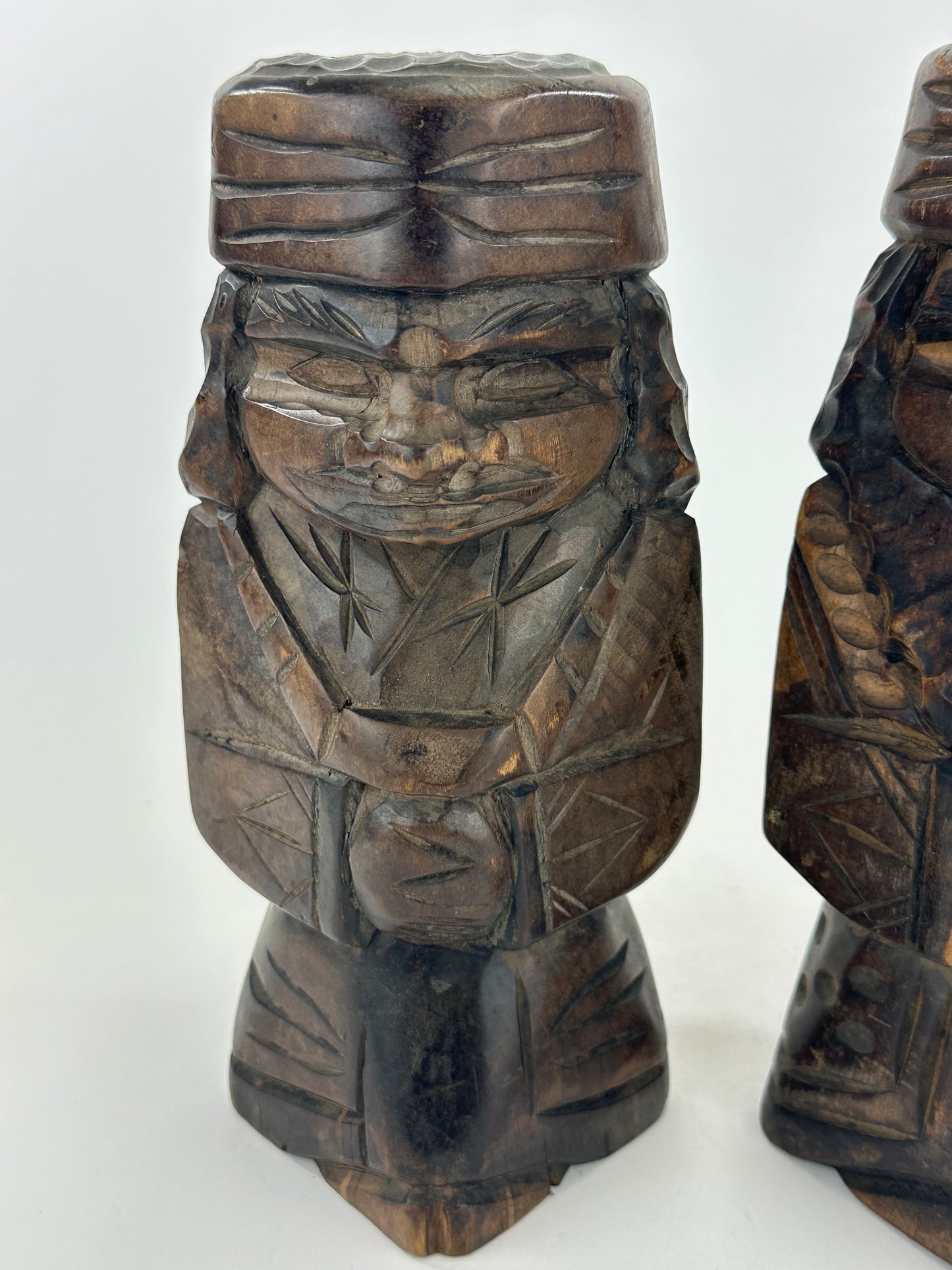 Vintage Japanese Ainu Nipopo Hand-Carved Wooden Figures Pair Folk Art Hokkaido 10"H