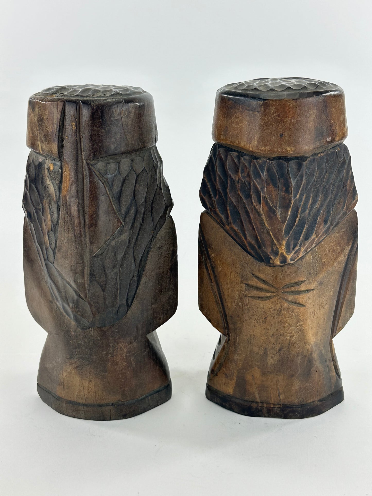 Vintage Japanese Ainu Nipopo Hand-Carved Wooden Figures Pair Folk Art Hokkaido 10"H