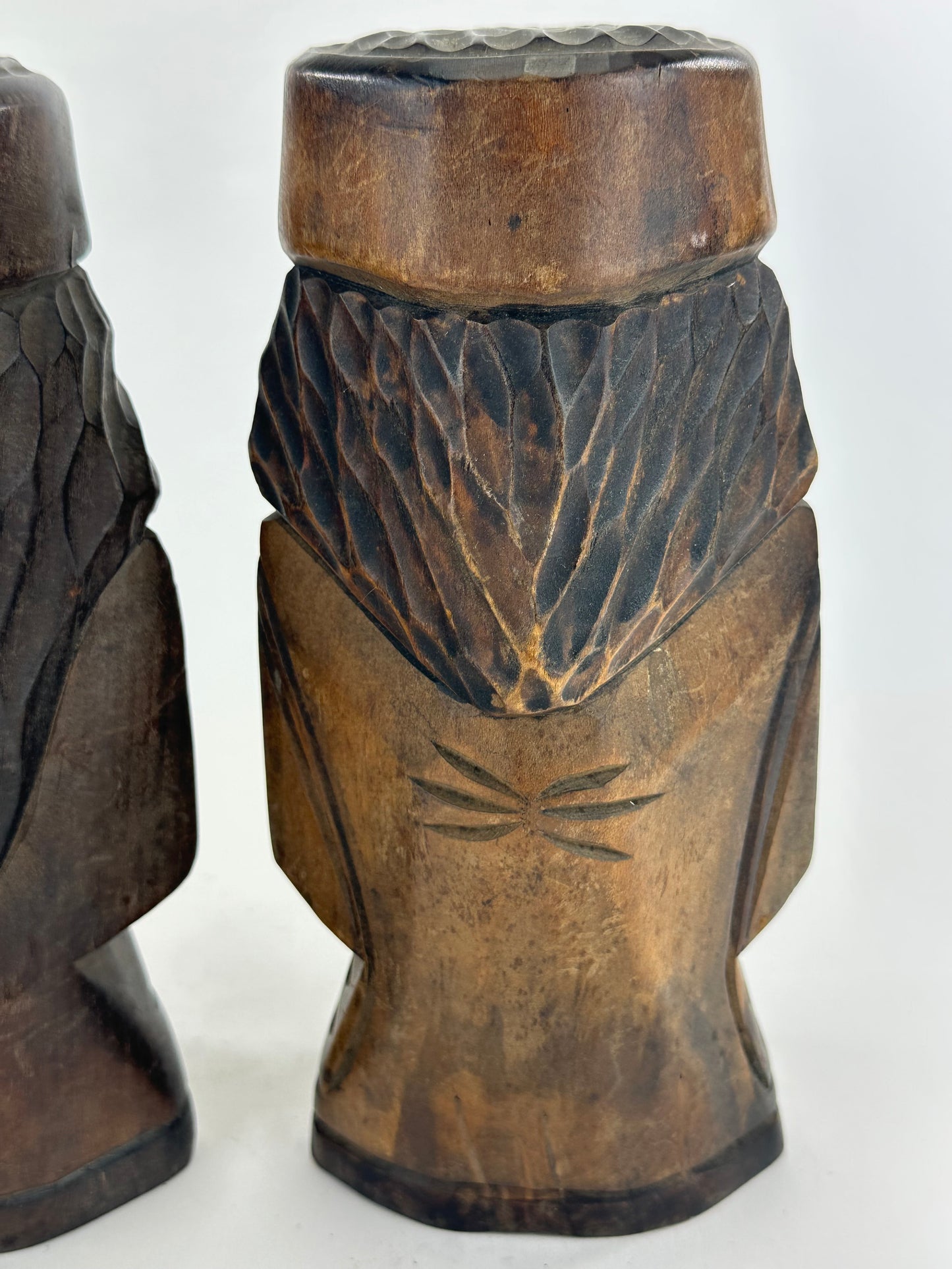 Vintage Japanese Ainu Nipopo Hand-Carved Wooden Figures Pair Folk Art Hokkaido 10"H