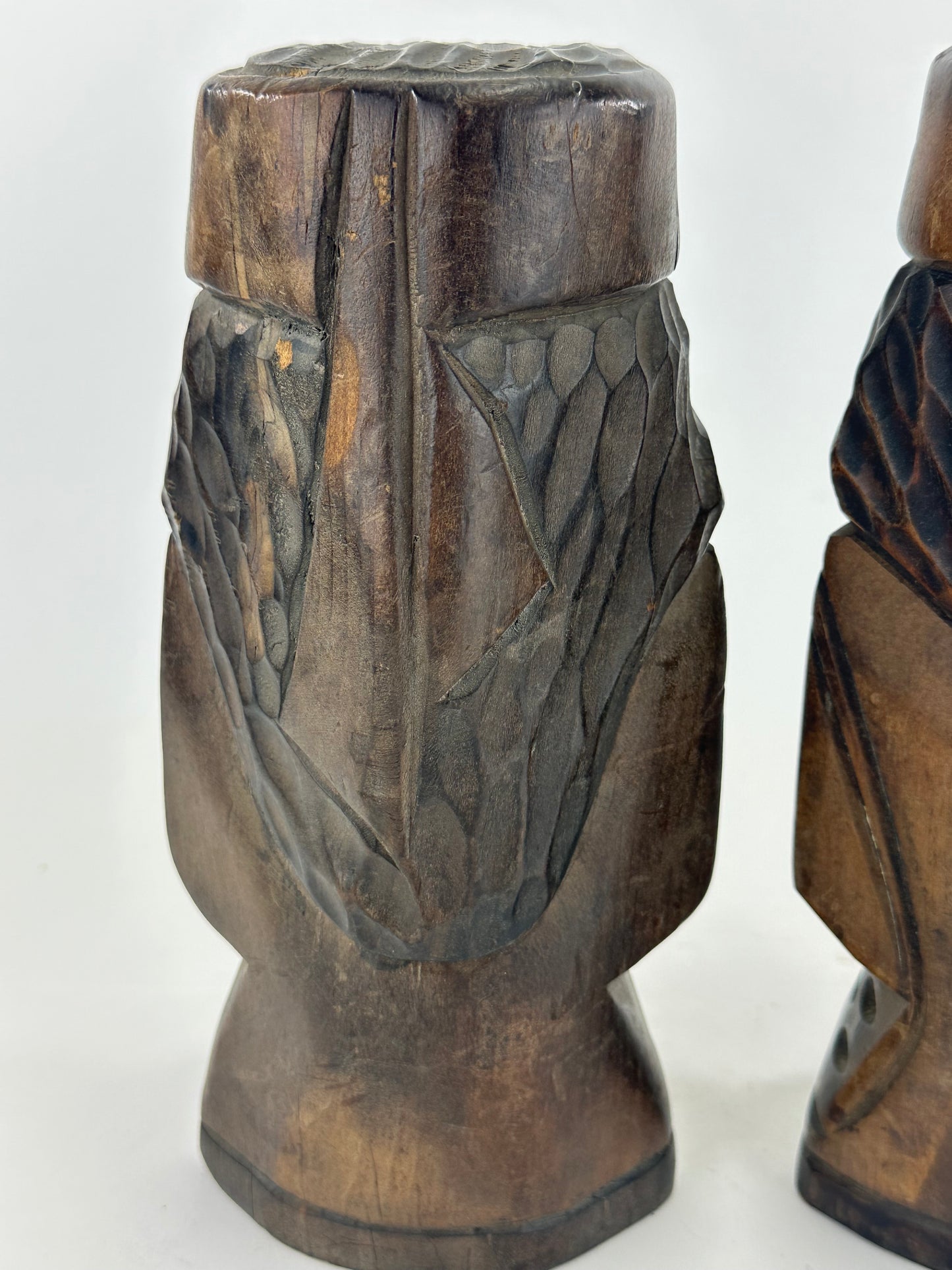 Vintage Japanese Ainu Nipopo Hand-Carved Wooden Figures Pair Folk Art Hokkaido 10"H