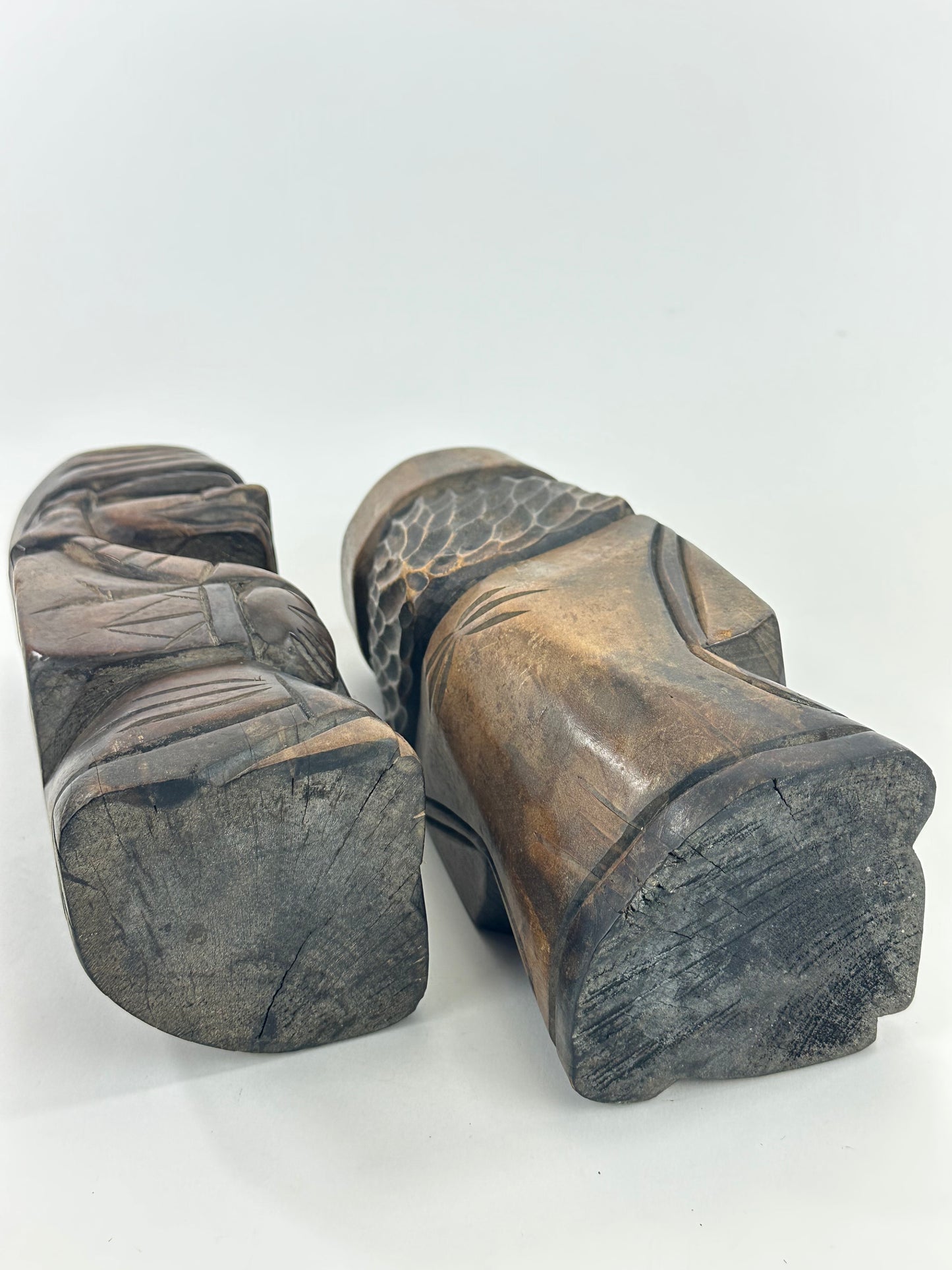 Vintage Japanese Ainu Nipopo Hand-Carved Wooden Figures Pair Folk Art Hokkaido 10"H