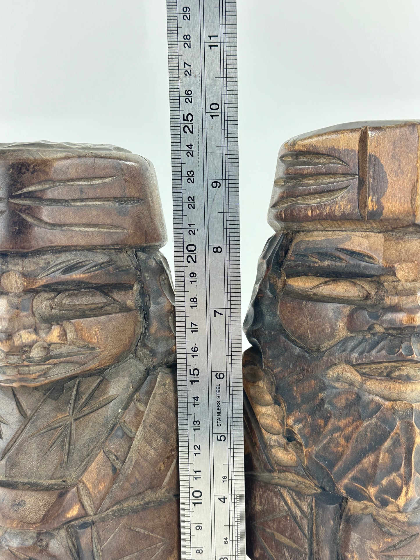 Vintage Japanese Ainu Nipopo Hand-Carved Wooden Figures Pair Folk Art Hokkaido 10"H