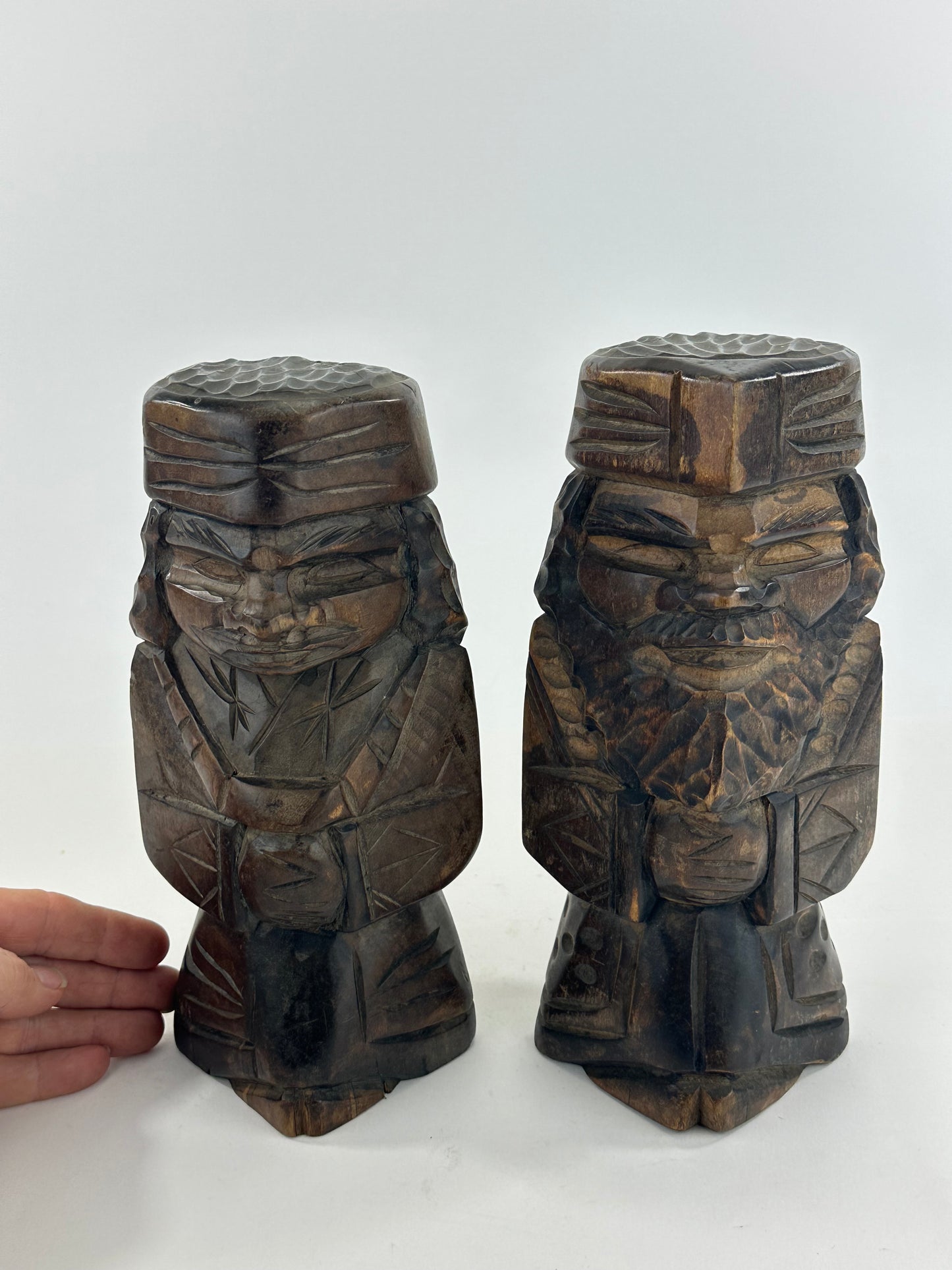 Vintage Japanese Ainu Nipopo Hand-Carved Wooden Figures Pair Folk Art Hokkaido 10"H