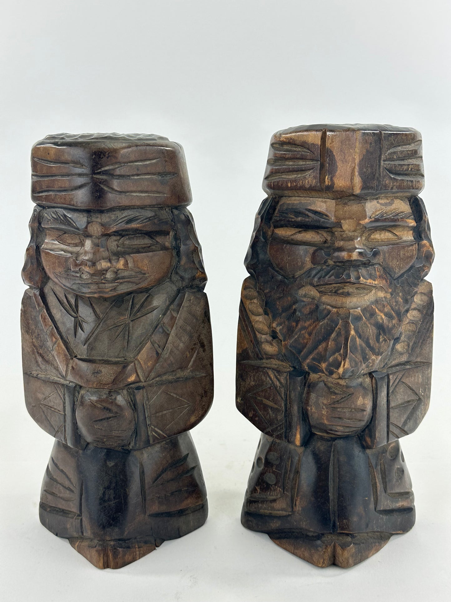 Vintage Japanese Ainu Nipopo Hand-Carved Wooden Figures Pair Folk Art Hokkaido 10"H