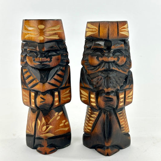 Vintage Japanese Ainu Nipopo Hand-Carved Wooden Figures Pair Folk Art Hokkaido 7"H