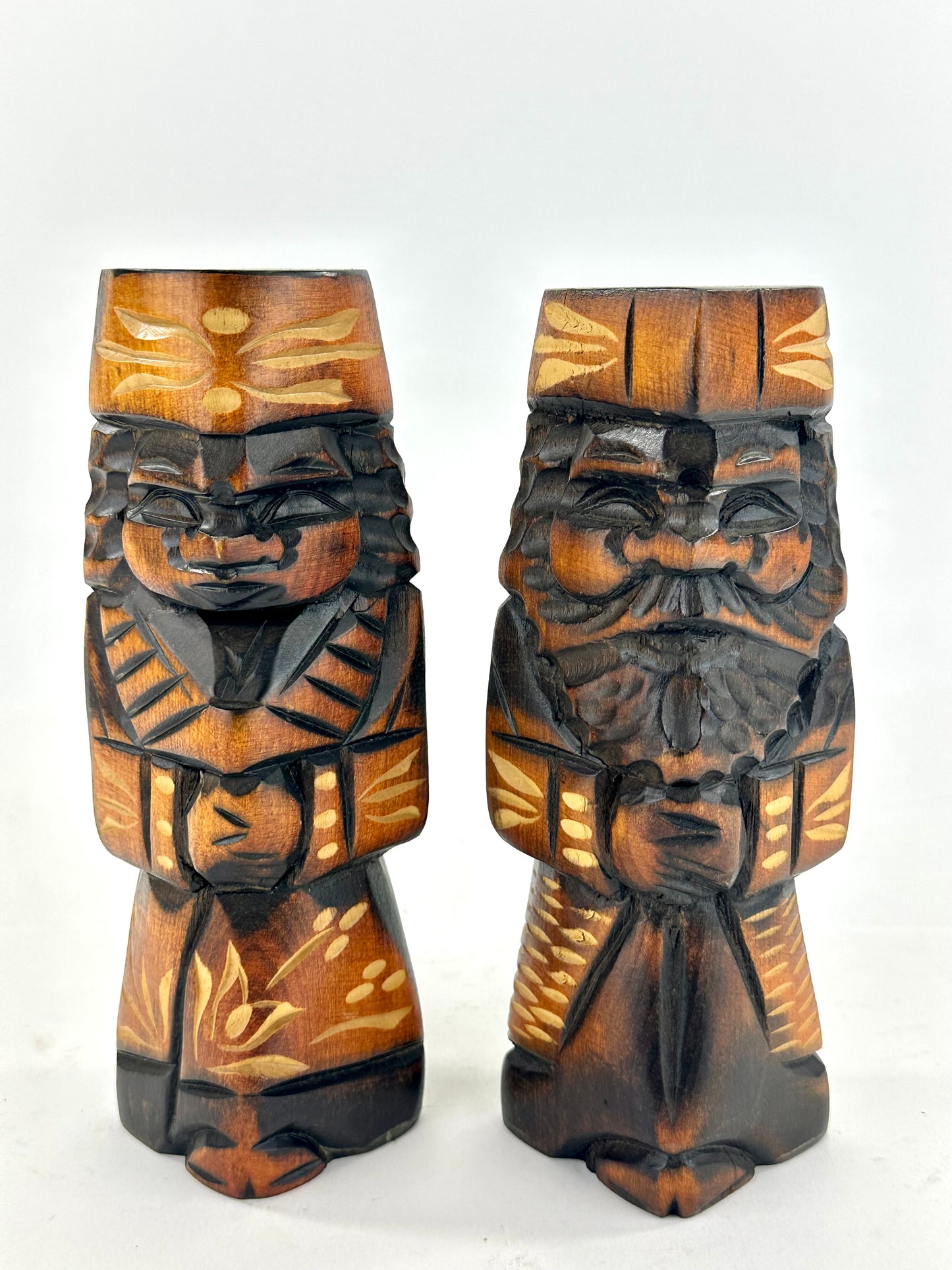 Vintage Japanese Ainu Nipopo Hand-Carved Wooden Figures Pair Folk Art Hokkaido 7"H