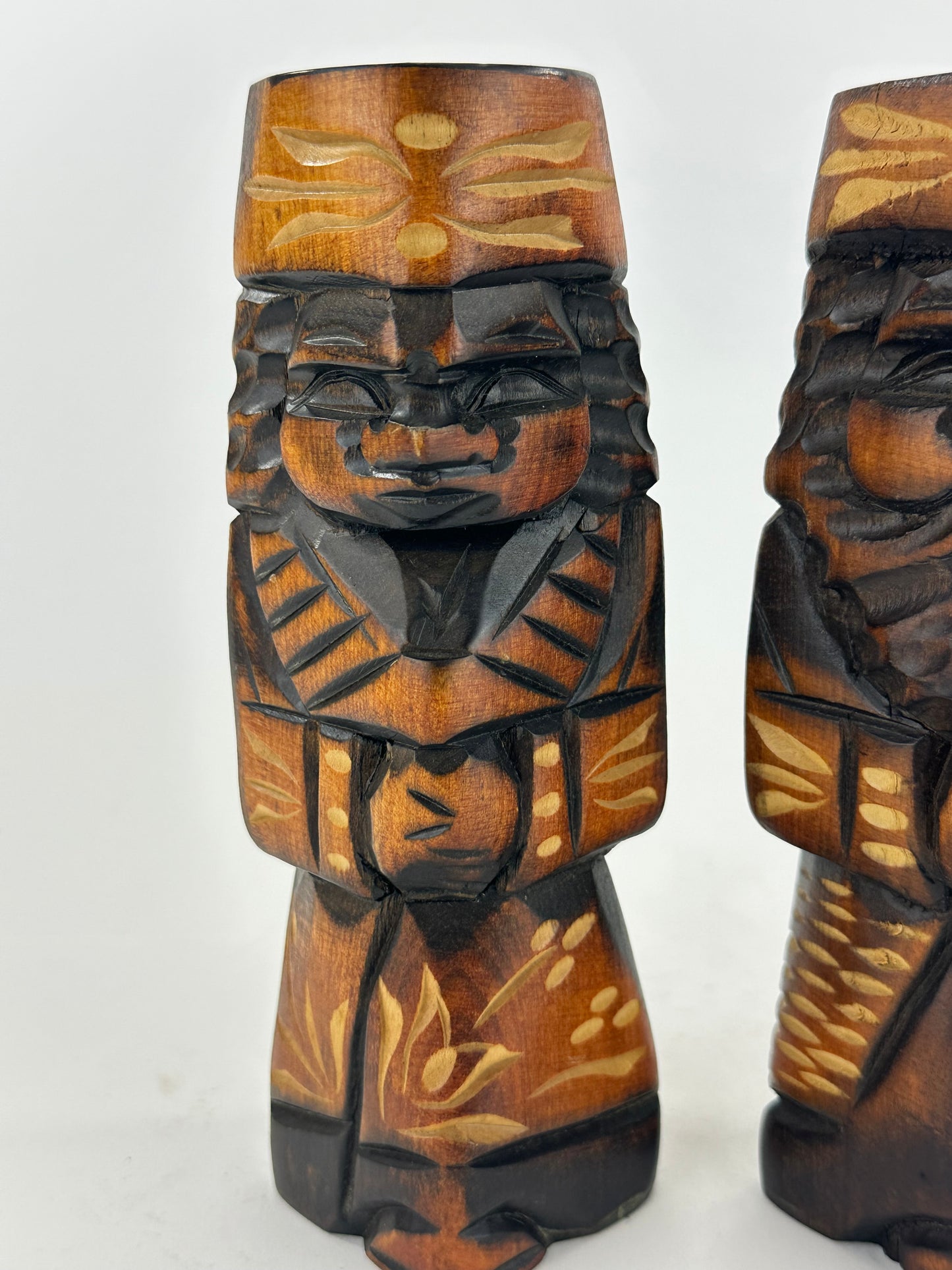 Vintage Japanese Ainu Nipopo Hand-Carved Wooden Figures Pair Folk Art Hokkaido 7"H