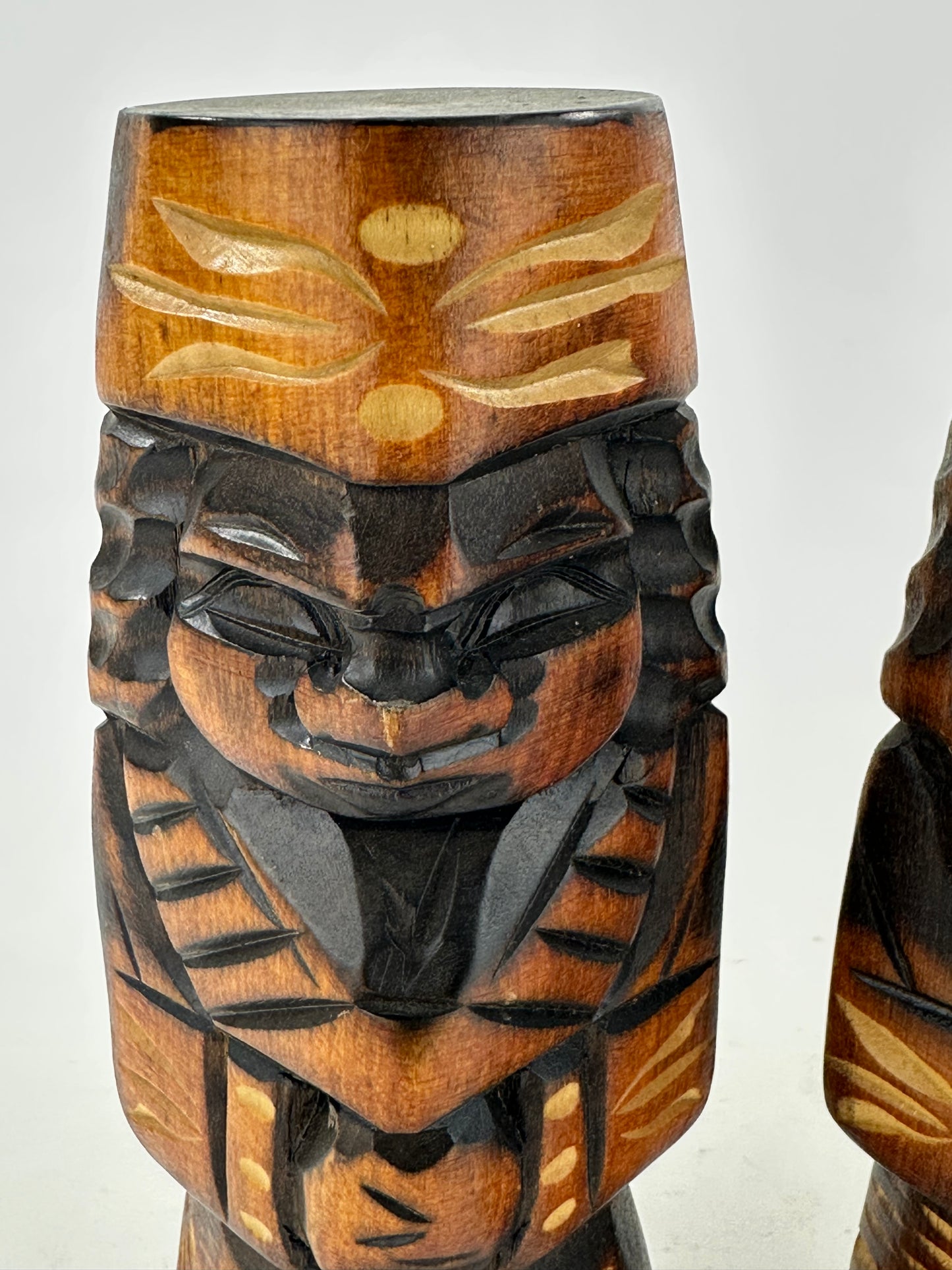 Vintage Japanese Ainu Nipopo Hand-Carved Wooden Figures Pair Folk Art Hokkaido 7"H