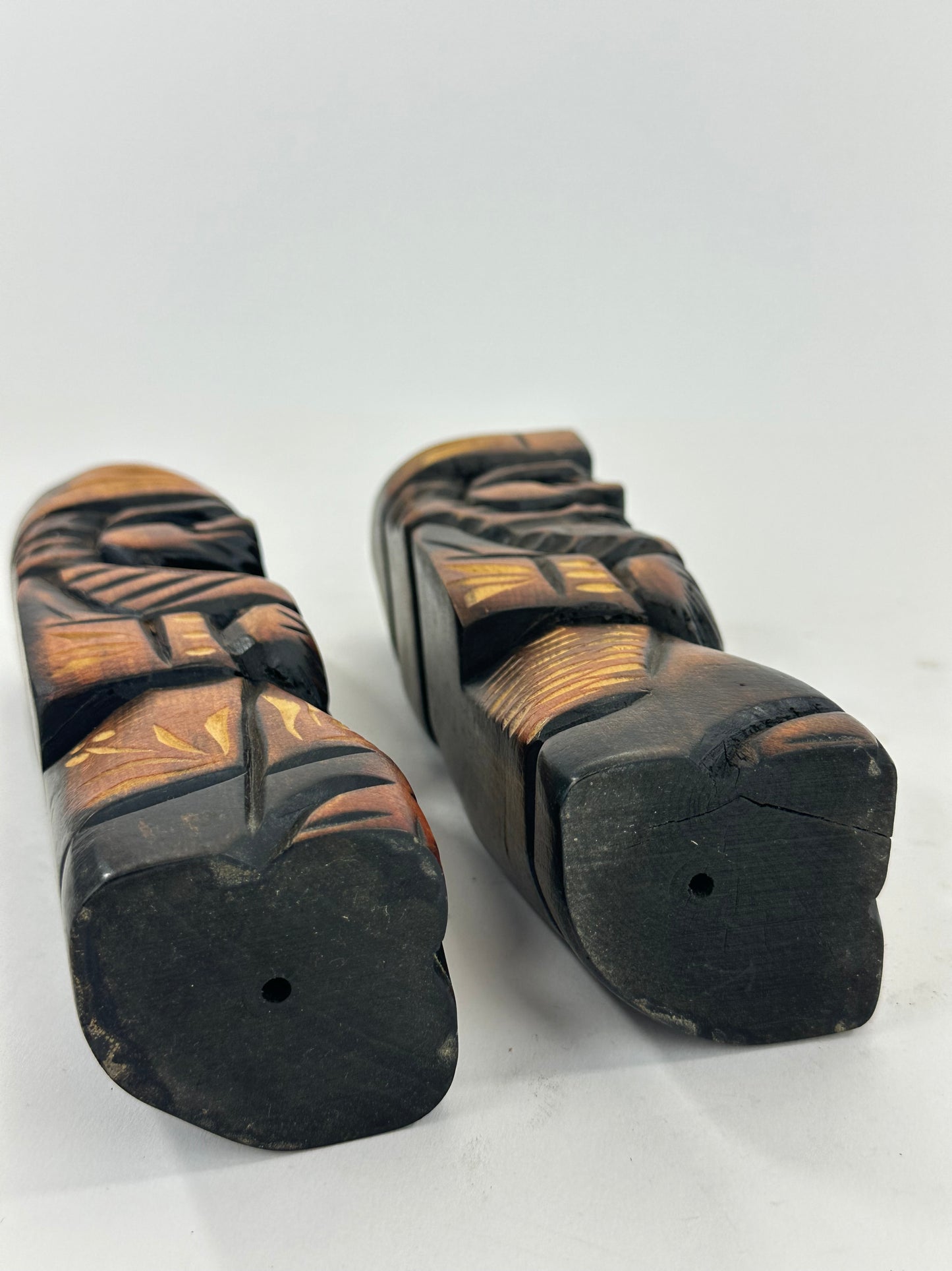 Vintage Japanese Ainu Nipopo Hand-Carved Wooden Figures Pair Folk Art Hokkaido 7"H