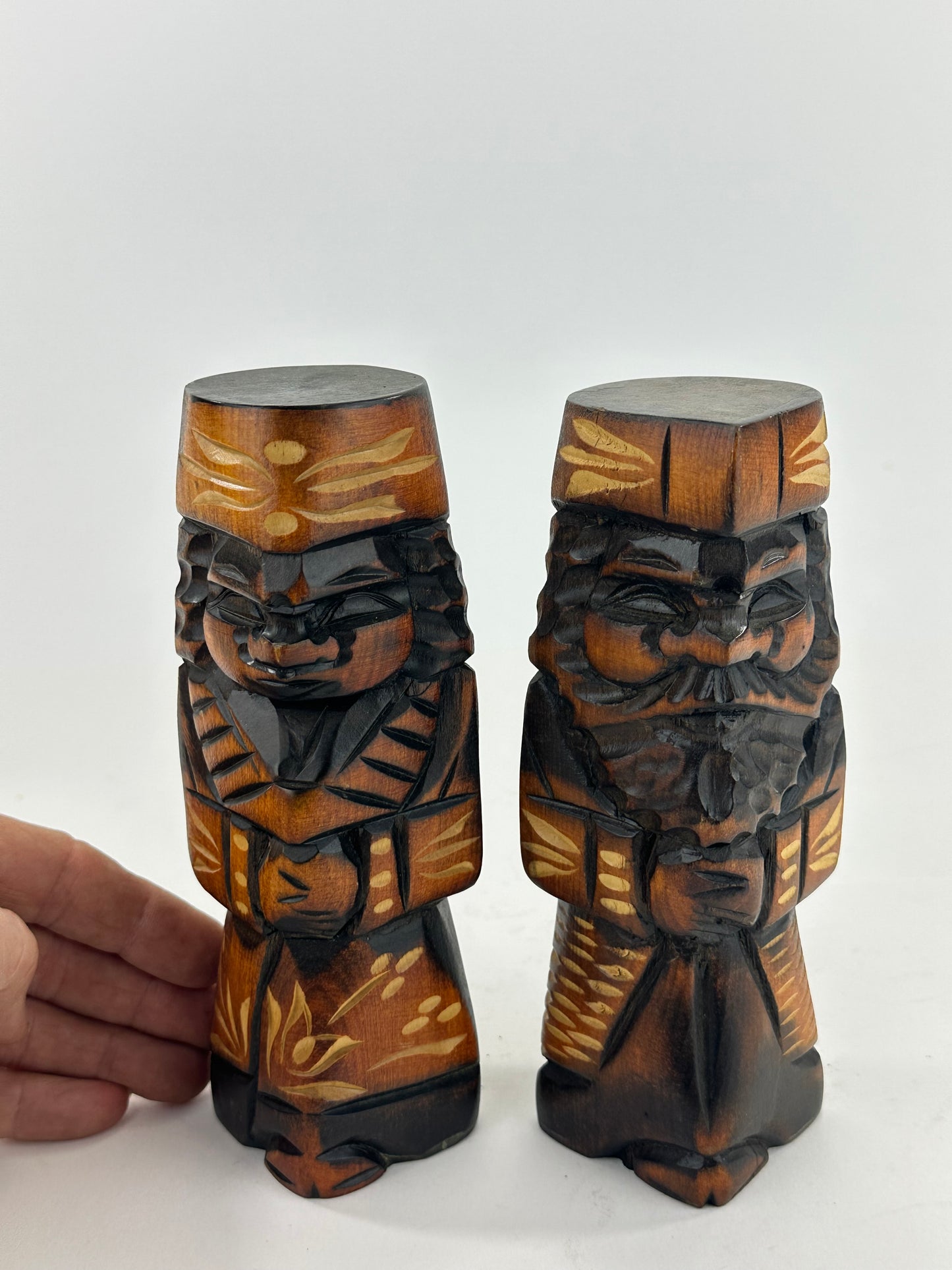 Vintage Japanese Ainu Nipopo Hand-Carved Wooden Figures Pair Folk Art Hokkaido 7"H