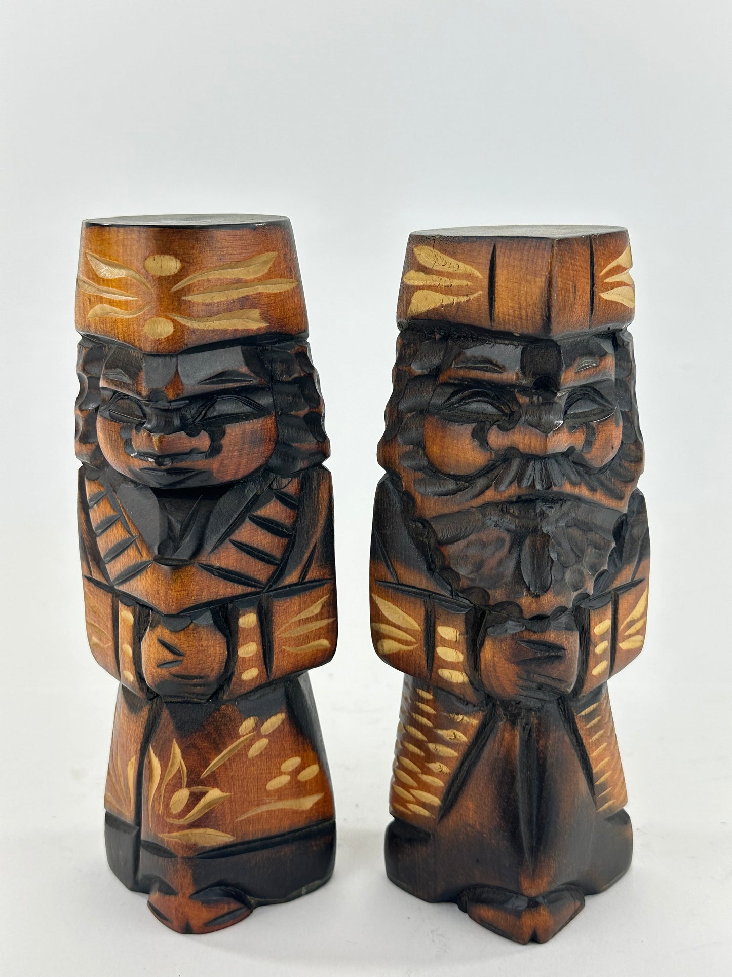 Vintage Japanese Ainu Nipopo Hand-Carved Wooden Figures Pair Folk Art Hokkaido 7"H