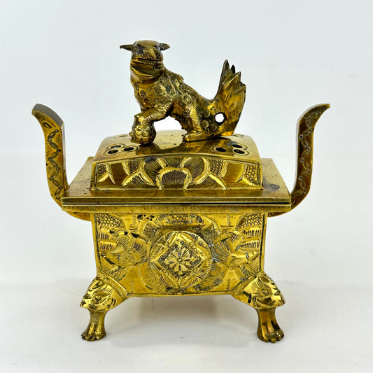 Antique Japanese Gilt Bronze Koro Incense Burner Shishi Lion Finial ~5"H