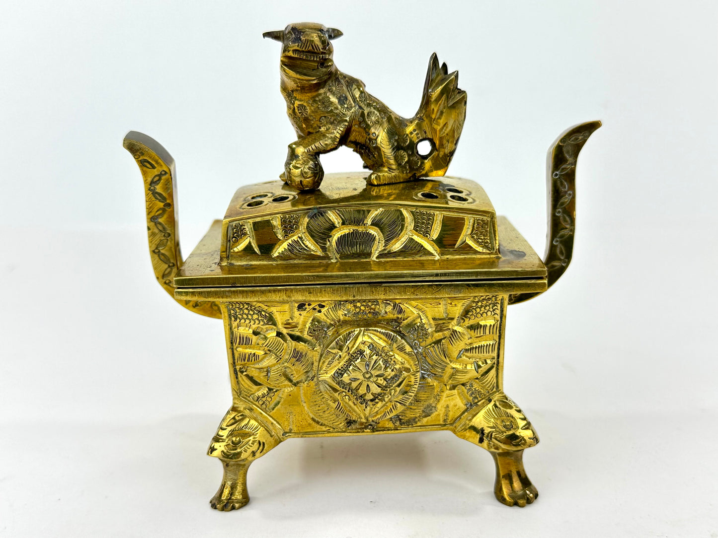 Antique Japanese Gilt Bronze Koro Incense Burner Shishi Lion Finial ~5"H
