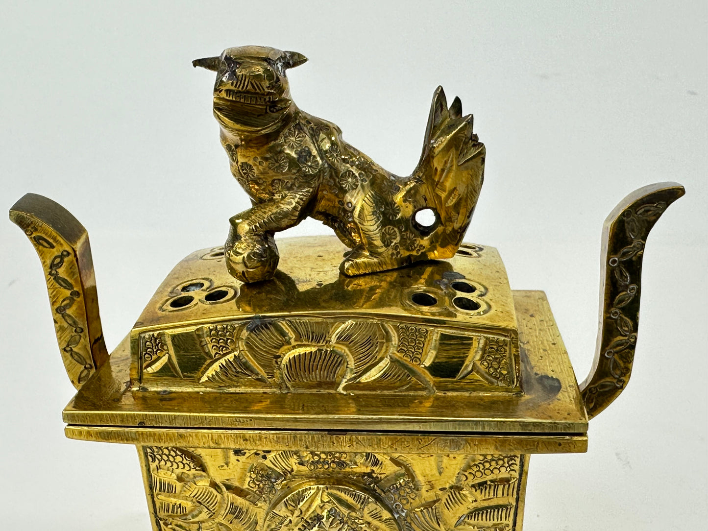 Antique Japanese Gilt Bronze Koro Incense Burner Shishi Lion Finial ~5"H