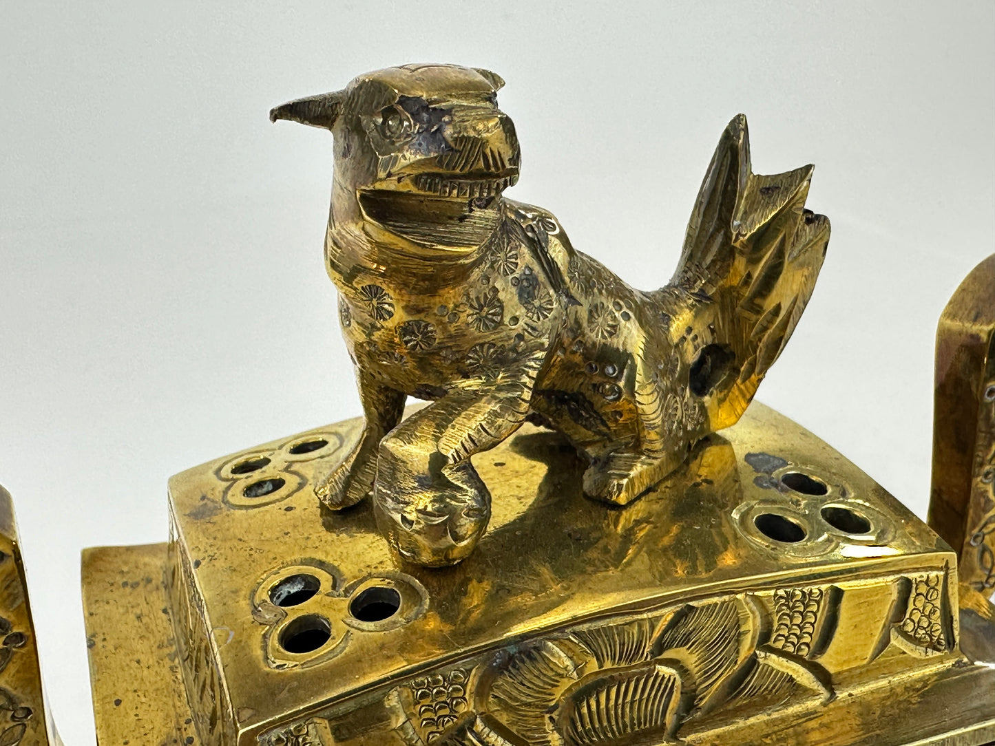 Antique Japanese Gilt Bronze Koro Incense Burner Shishi Lion Finial ~5"H