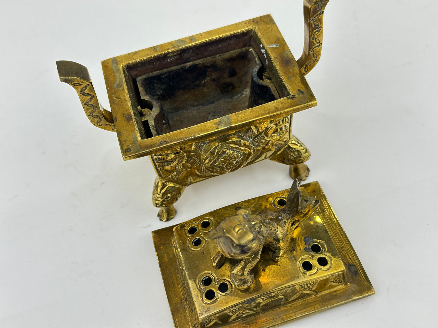 Antique Japanese Gilt Bronze Koro Incense Burner Shishi Lion Finial ~5"H