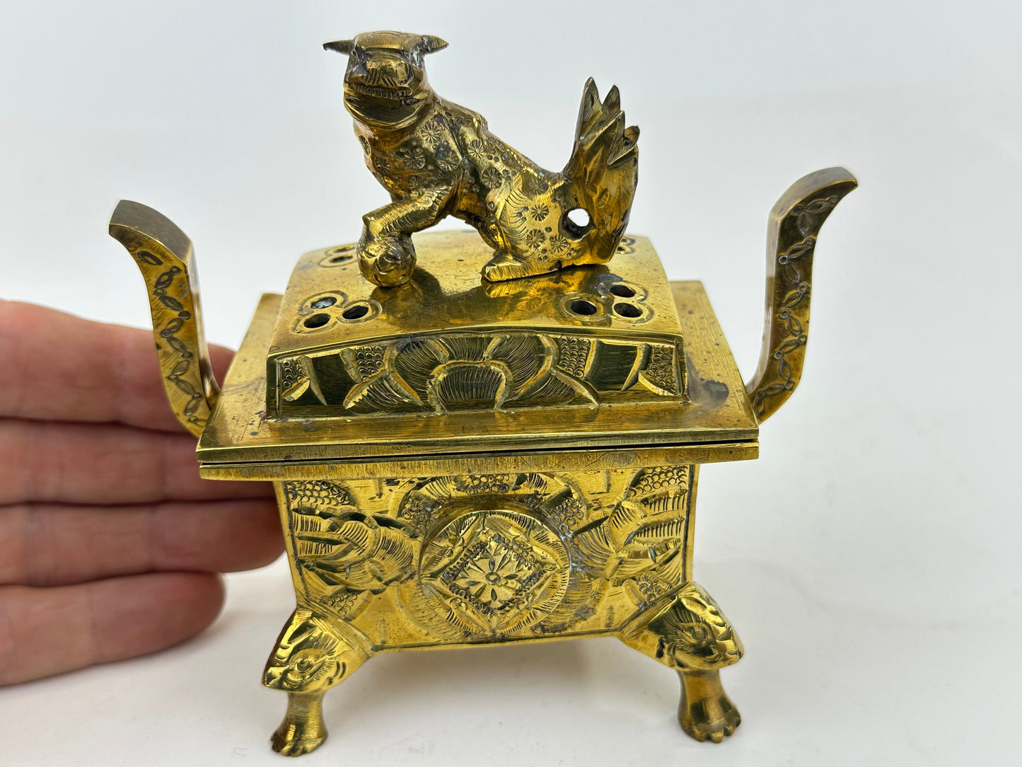 Antique Japanese Gilt Bronze Koro Incense Burner Shishi Lion Finial ~5"H