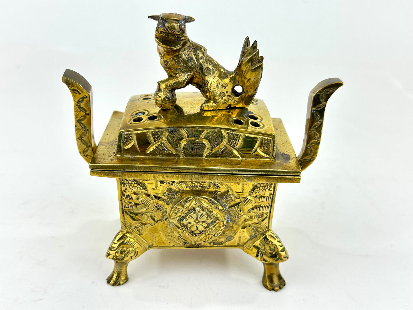Antique Japanese Gilt Bronze Koro Incense Burner Shishi Lion Finial ~5"H
