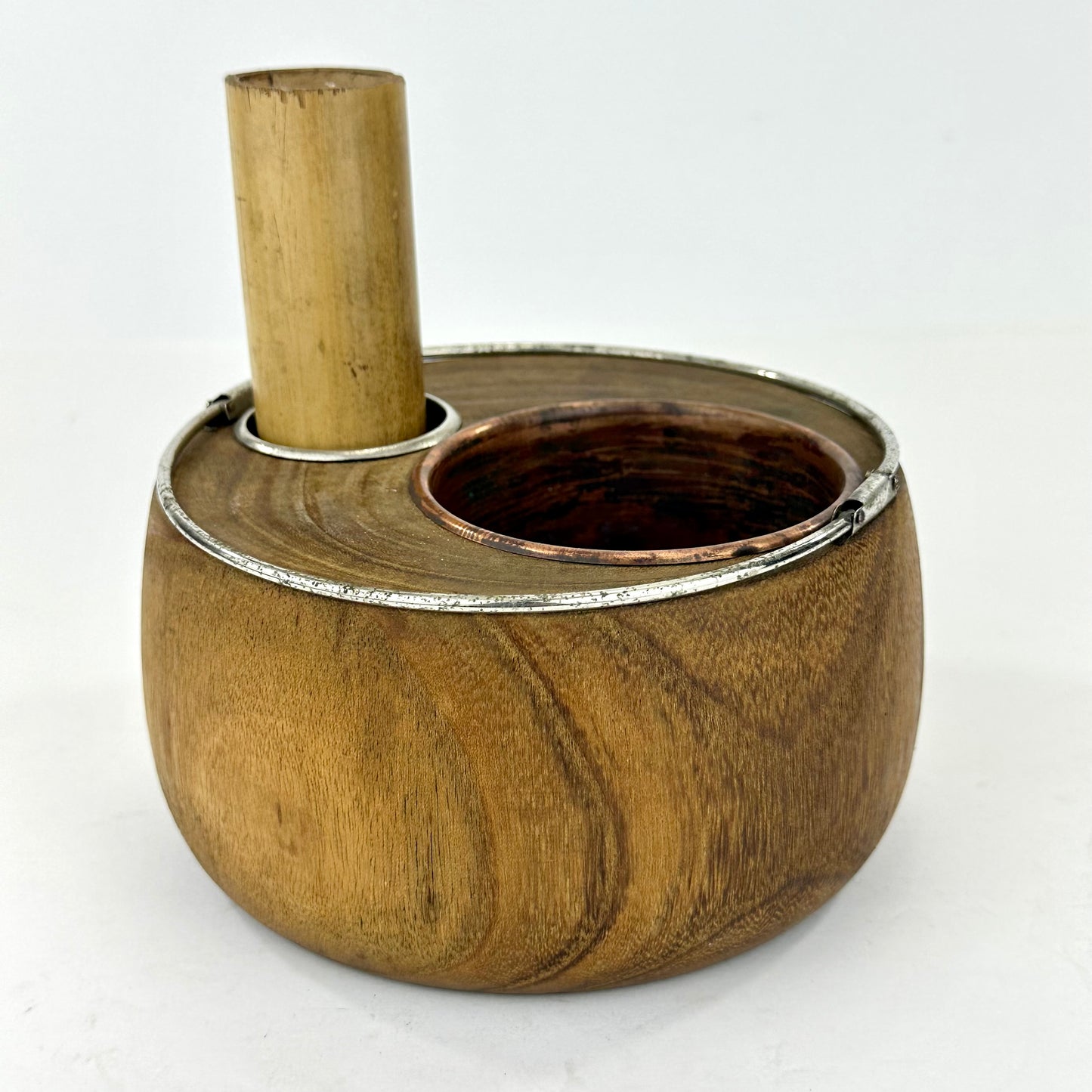 Antique Japanese Tabakobon Smoking Set Wood Body with Silver Rim & Bamboo Haifuki