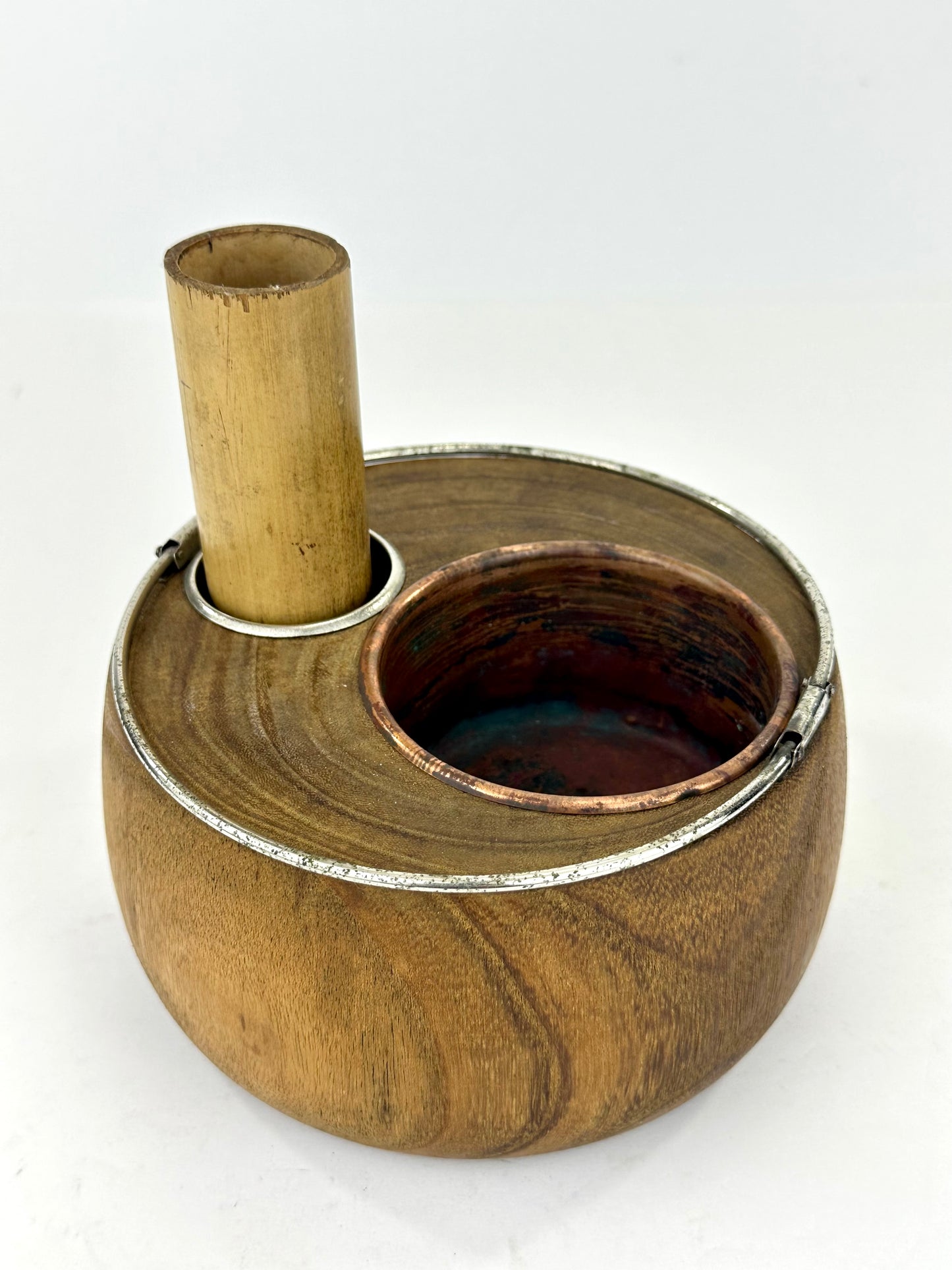 Antique Japanese Tabakobon Smoking Set Wood Body with Silver Rim & Bamboo Haifuki