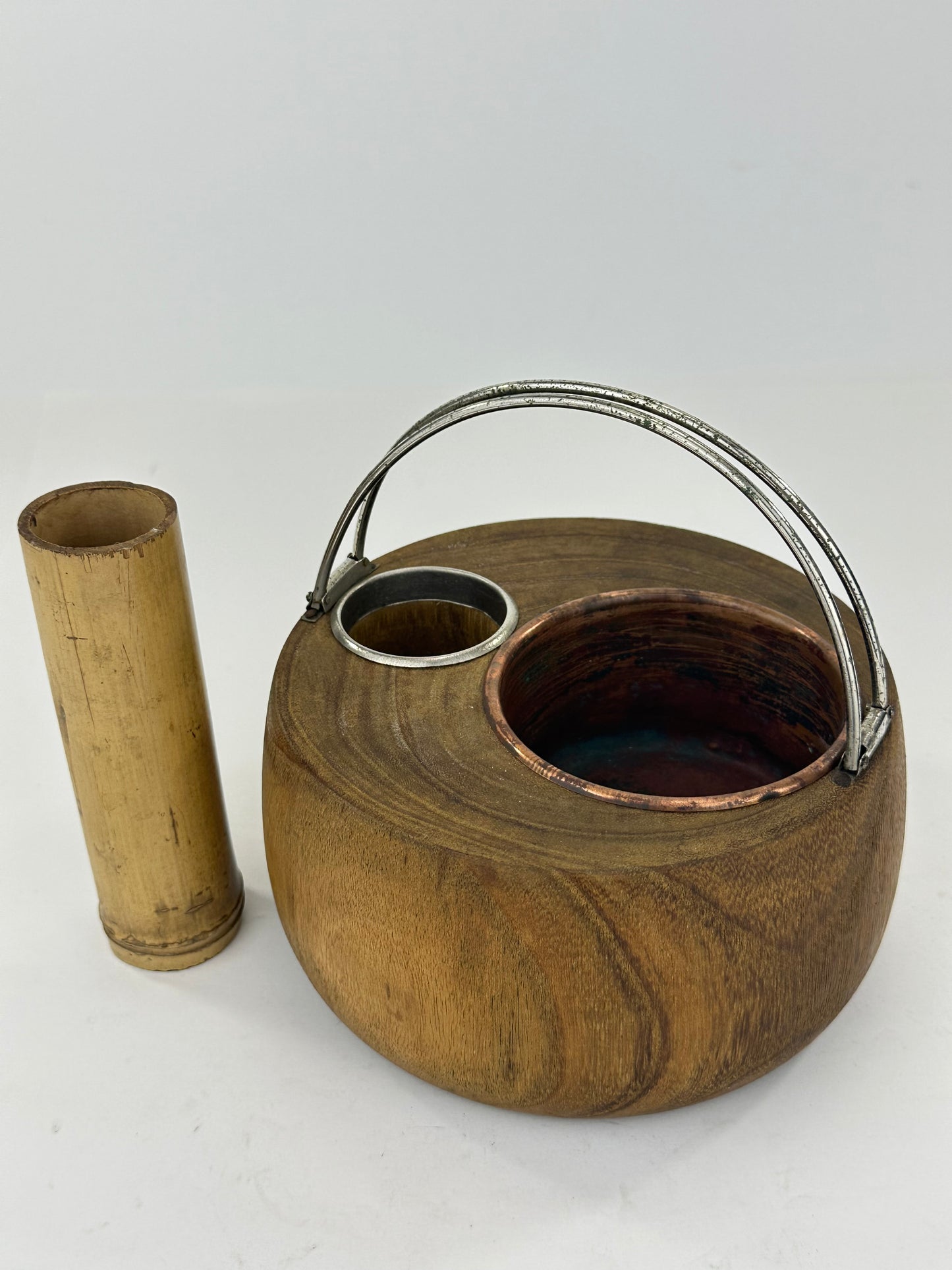 Antique Japanese Tabakobon Smoking Set Wood Body with Silver Rim & Bamboo Haifuki