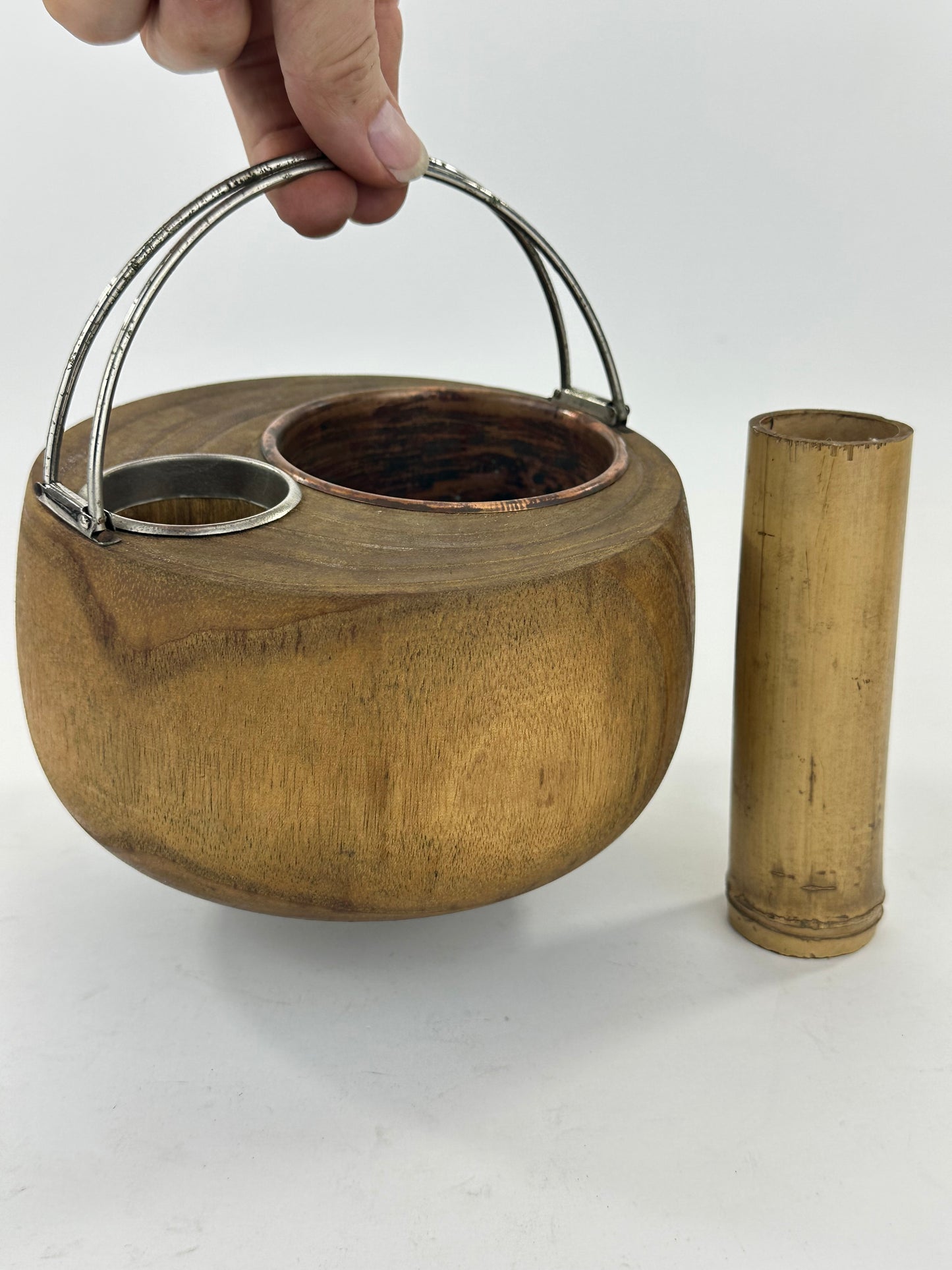 Antique Japanese Tabakobon Smoking Set Wood Body with Silver Rim & Bamboo Haifuki