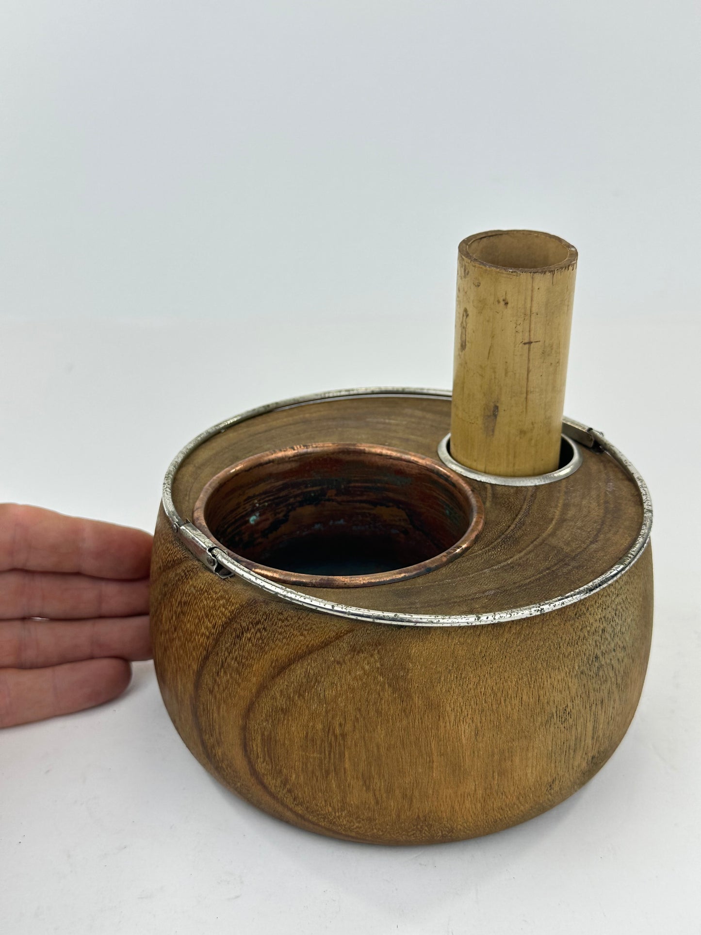 Antique Japanese Tabakobon Smoking Set Wood Body with Silver Rim & Bamboo Haifuki