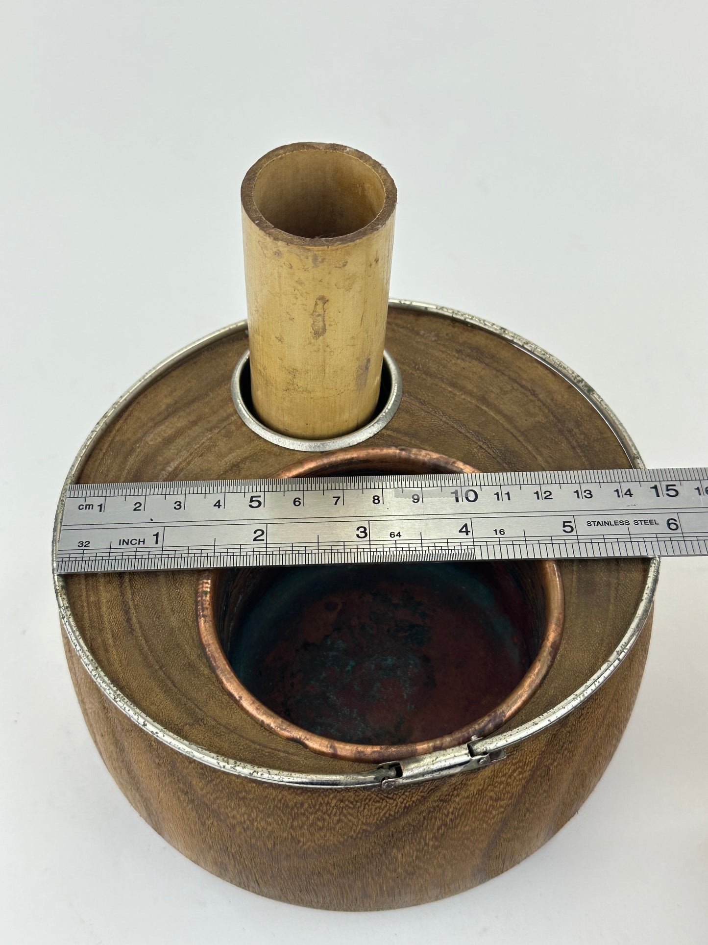 Antique Japanese Tabakobon Smoking Set Wood Body with Silver Rim & Bamboo Haifuki