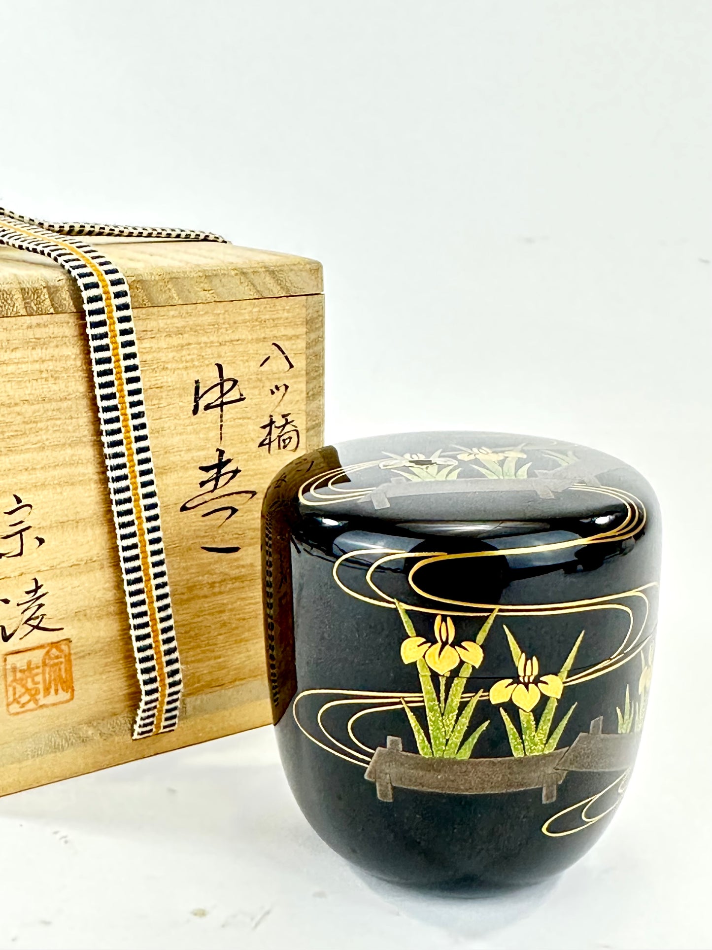 Vintage Japanese Lacquer Natsume Tea Caddy Yatsuhashi Iris Maki-e w Box 3.25"H