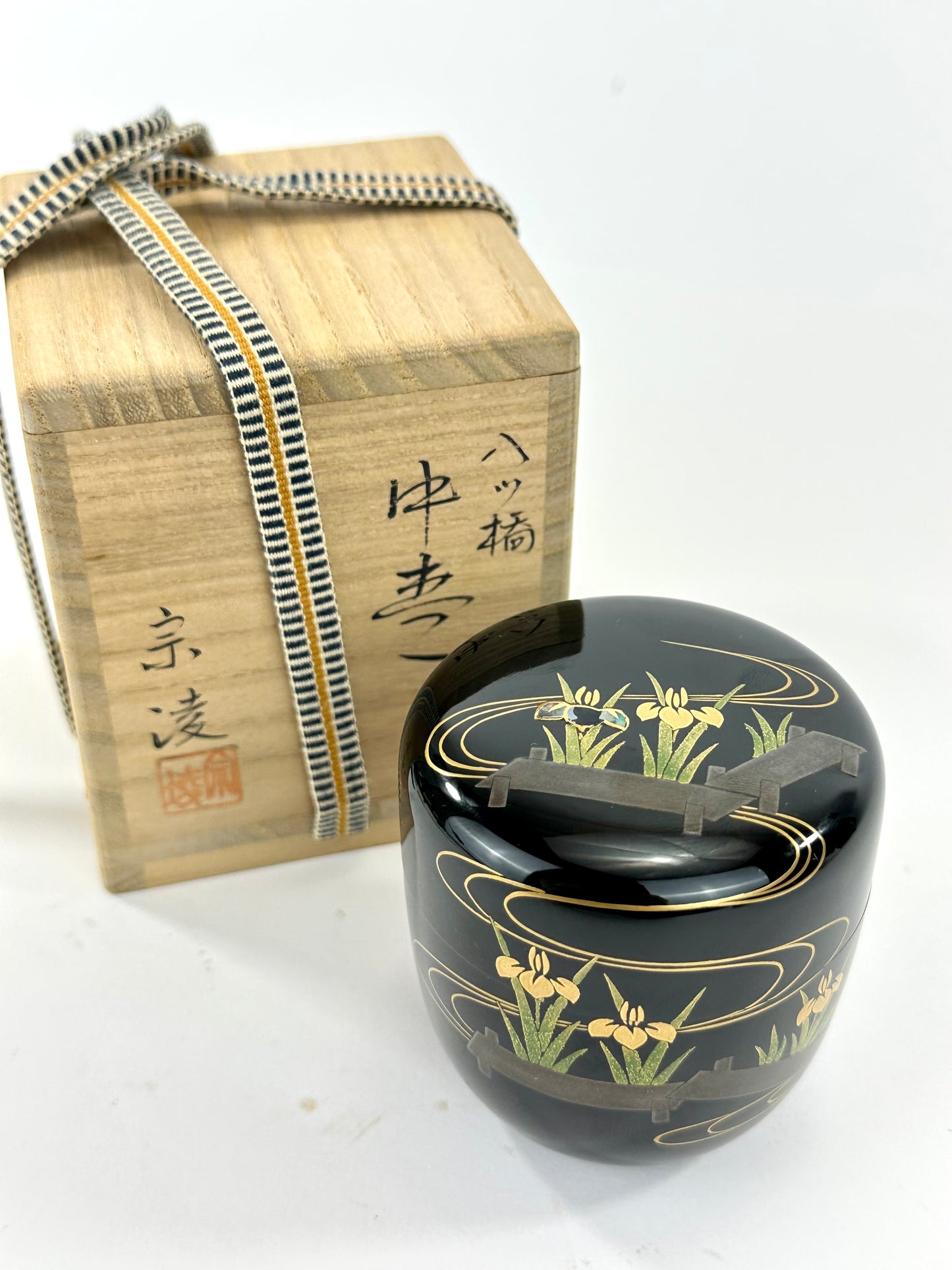 Vintage Japanese Lacquer Natsume Tea Caddy Yatsuhashi Iris Maki-e w Box 3.25"H