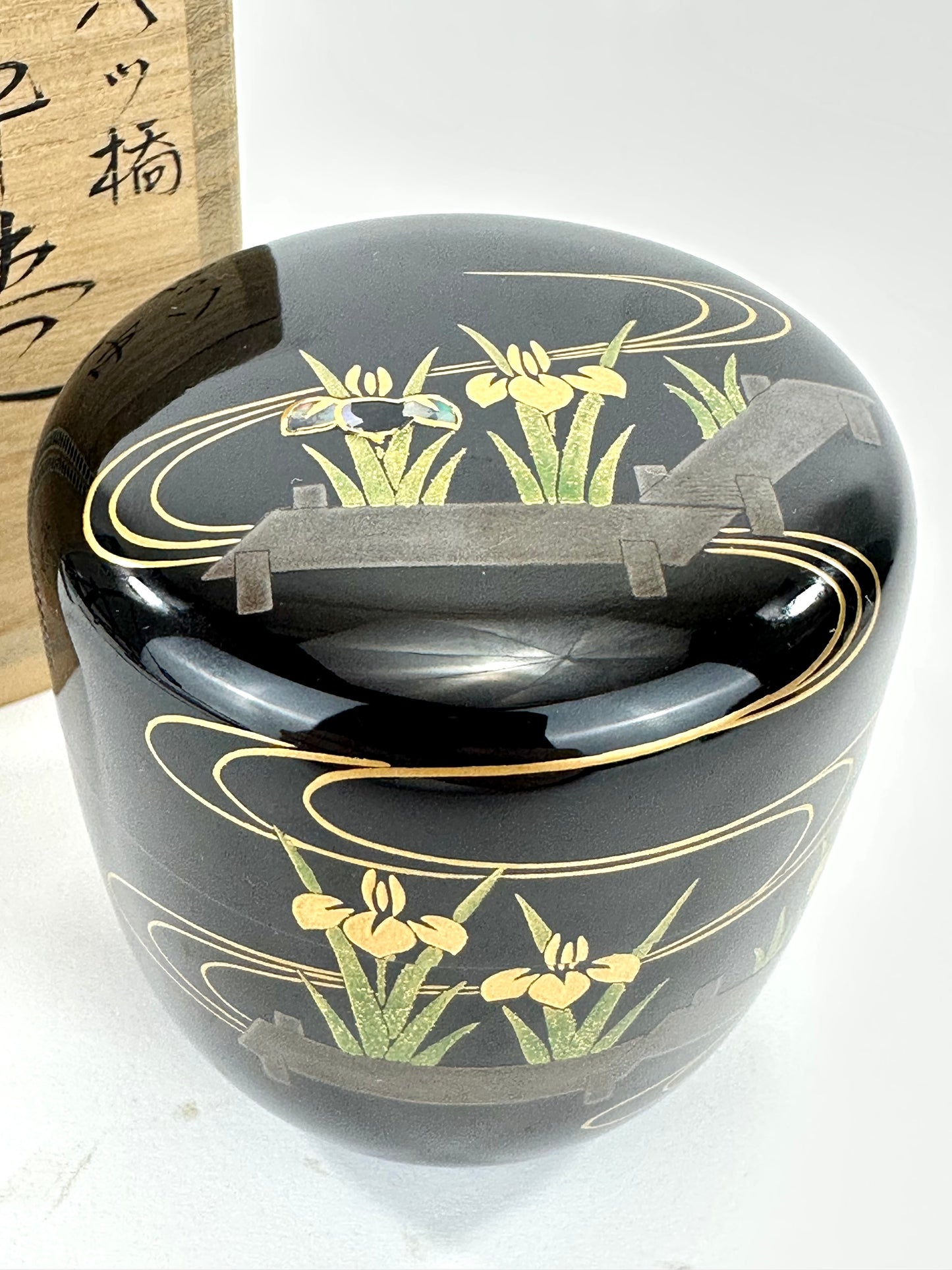 Vintage Japanese Lacquer Natsume Tea Caddy Yatsuhashi Iris Maki-e w Box 3.25"H