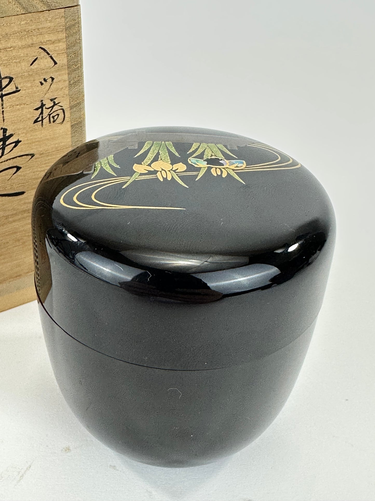 Vintage Japanese Lacquer Natsume Tea Caddy Yatsuhashi Iris Maki-e w Box 3.25"H