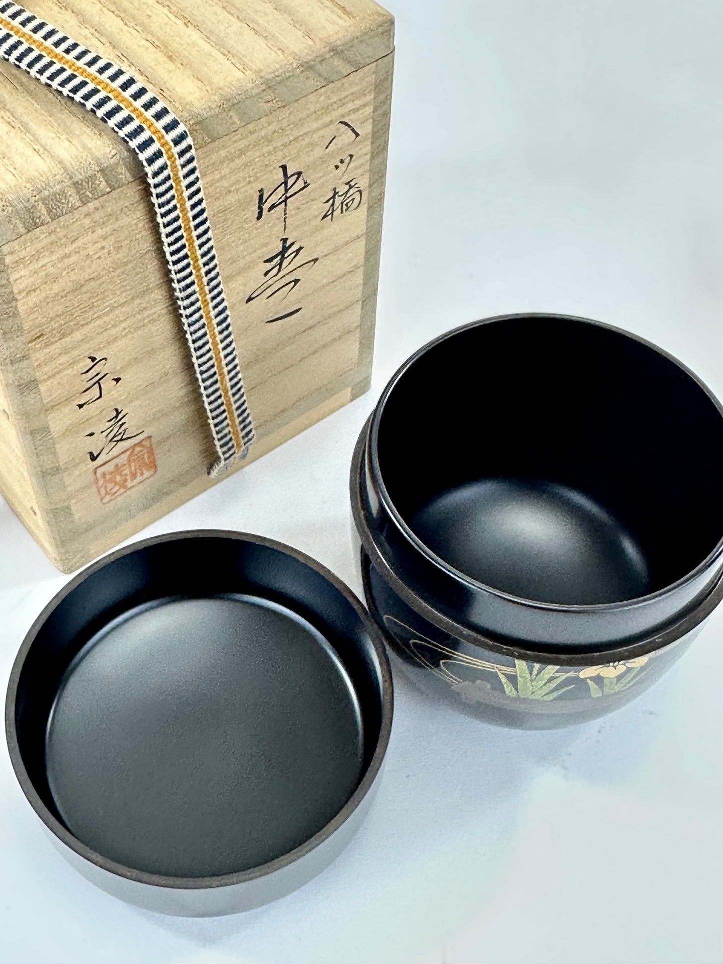 Vintage Japanese Lacquer Natsume Tea Caddy Yatsuhashi Iris Maki-e w Box 3.25"H