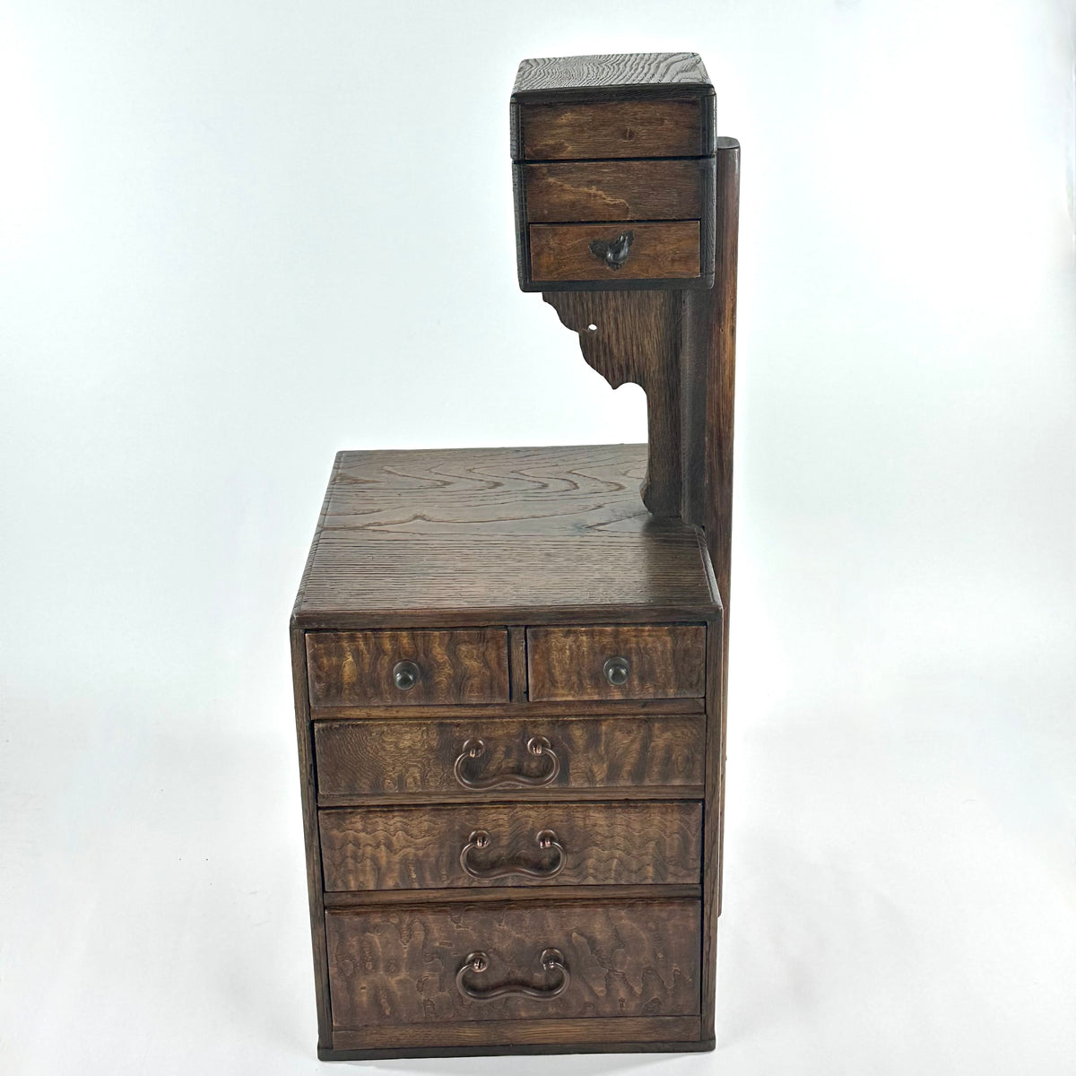 Antique Japanese Keyaki Burlwood Haribako Two-Tier Sewing Chest 19.5"H