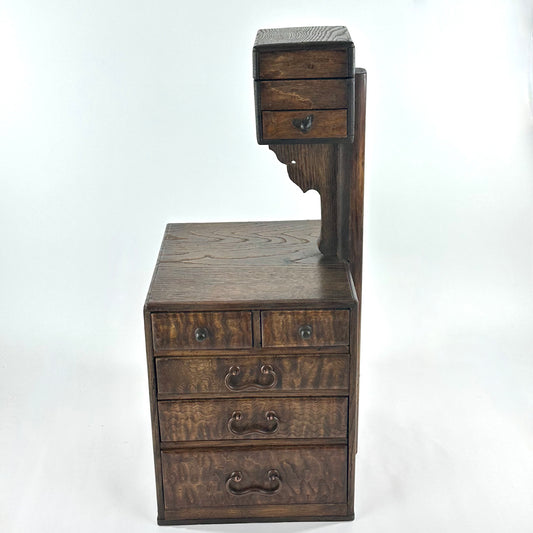 Antique Japanese Keyaki Burlwood Haribako Two-Tier Sewing Chest 19.5"H