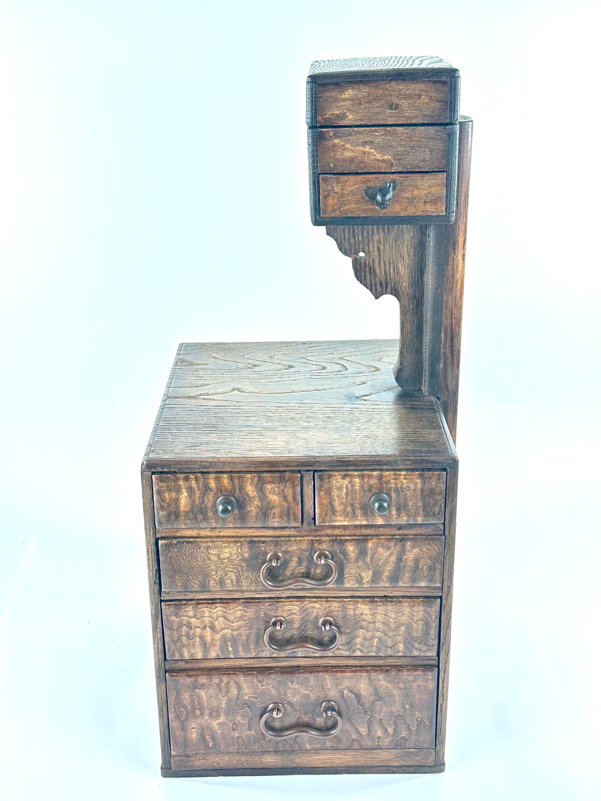 Antique Japanese Keyaki Burlwood Haribako Two-Tier Sewing Chest 19.5"H