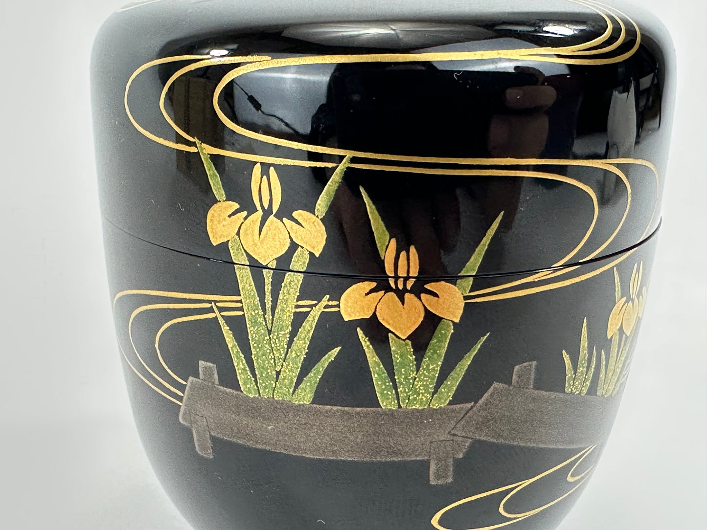 Vintage Japanese Lacquer Natsume Tea Caddy Yatsuhashi Iris Maki-e w Box 3.25"H