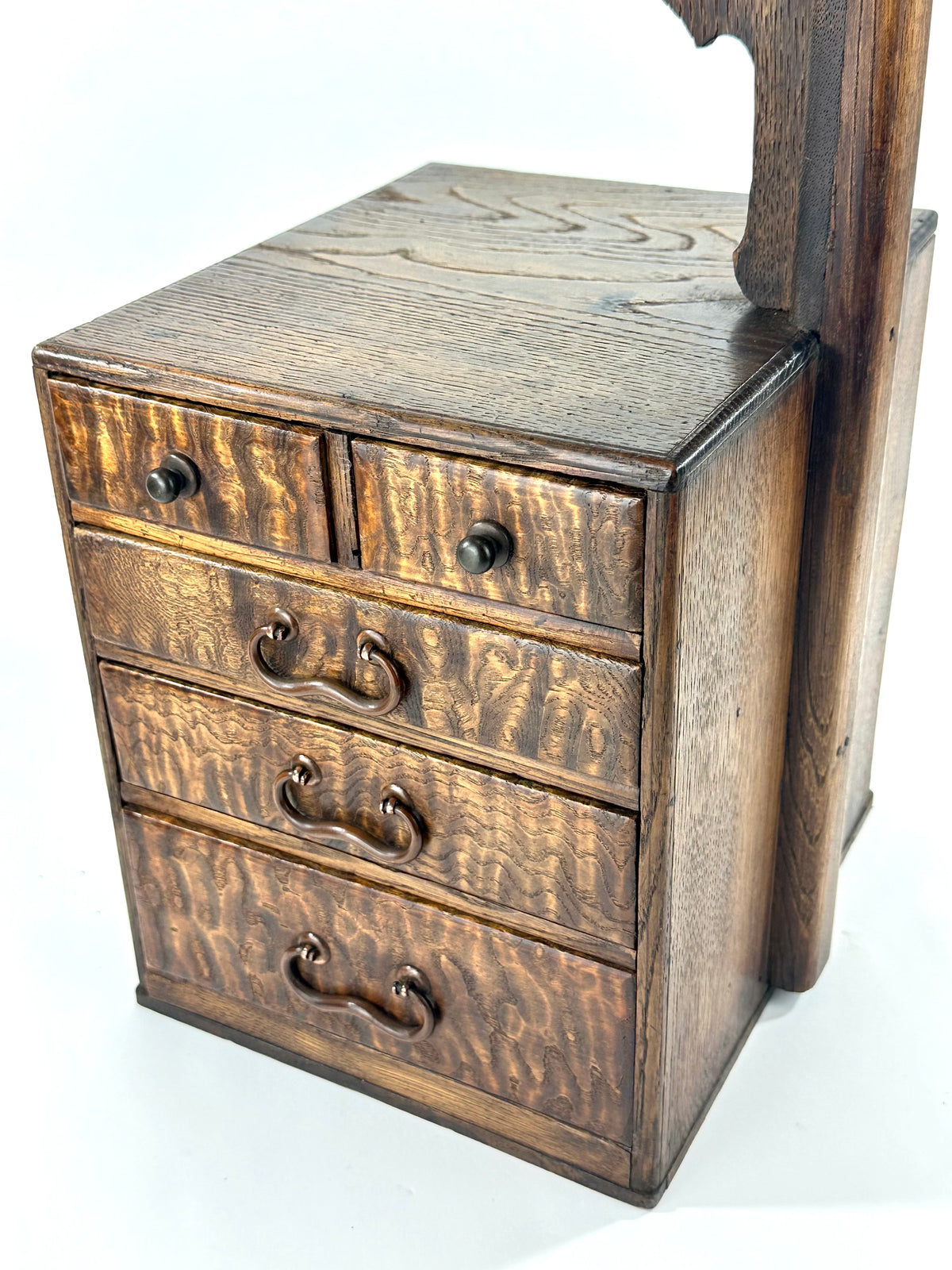 Antique Japanese Keyaki Burlwood Haribako Two-Tier Sewing Chest 19.5"H