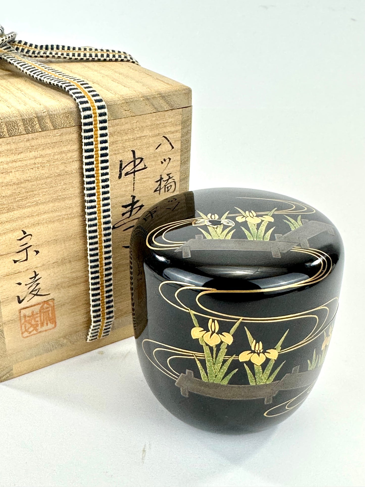 Vintage Japanese Lacquer Natsume Tea Caddy Yatsuhashi Iris Maki-e w Box 3.25"H