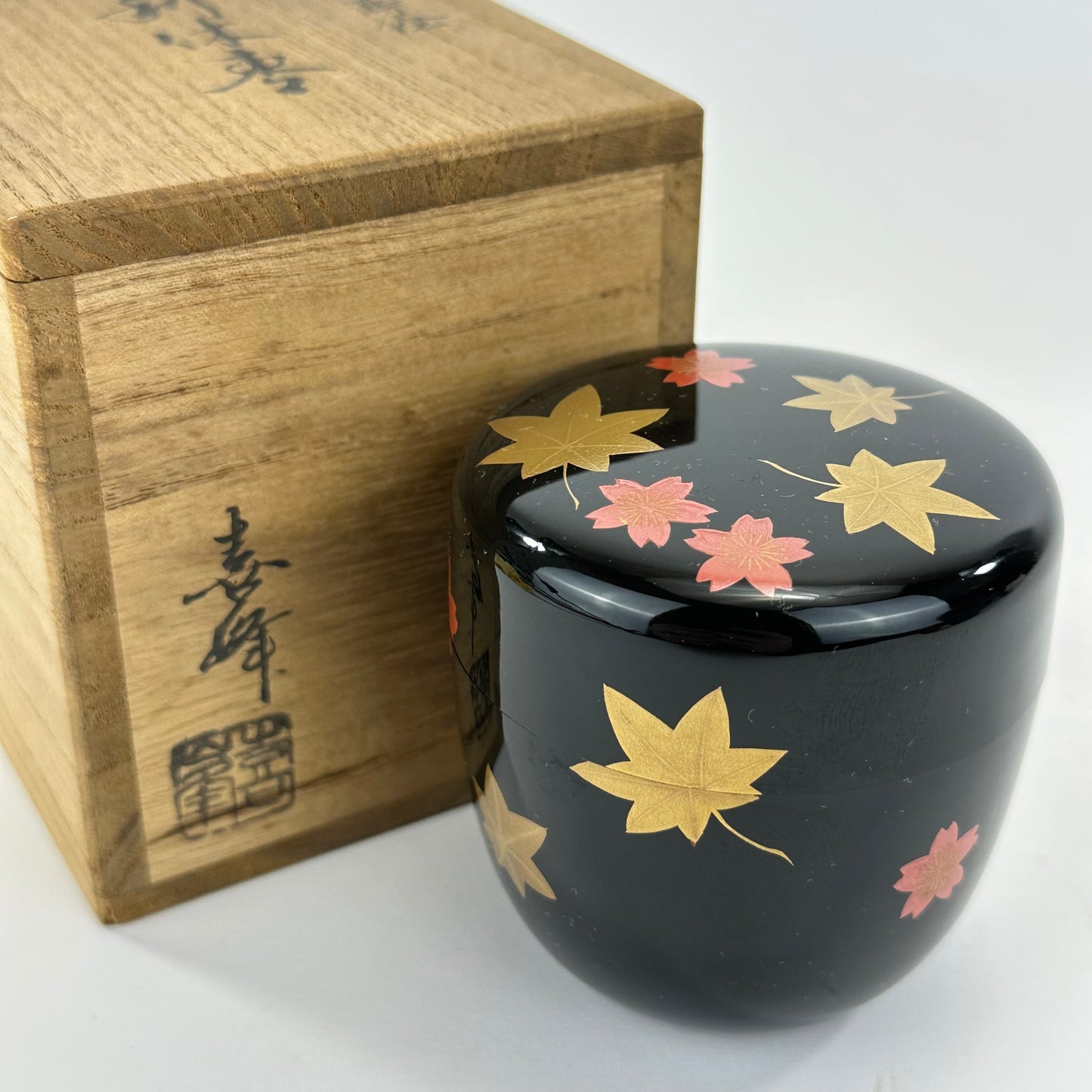 Vintage Japanese Lacquer Tea Caddy Natsume with Maple Leaf Maki-e Signed 3"H