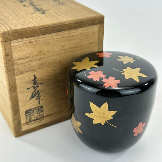 Vintage Japanese Lacquer Tea Caddy Natsume with Maple Leaf Maki-e Signed 3"H